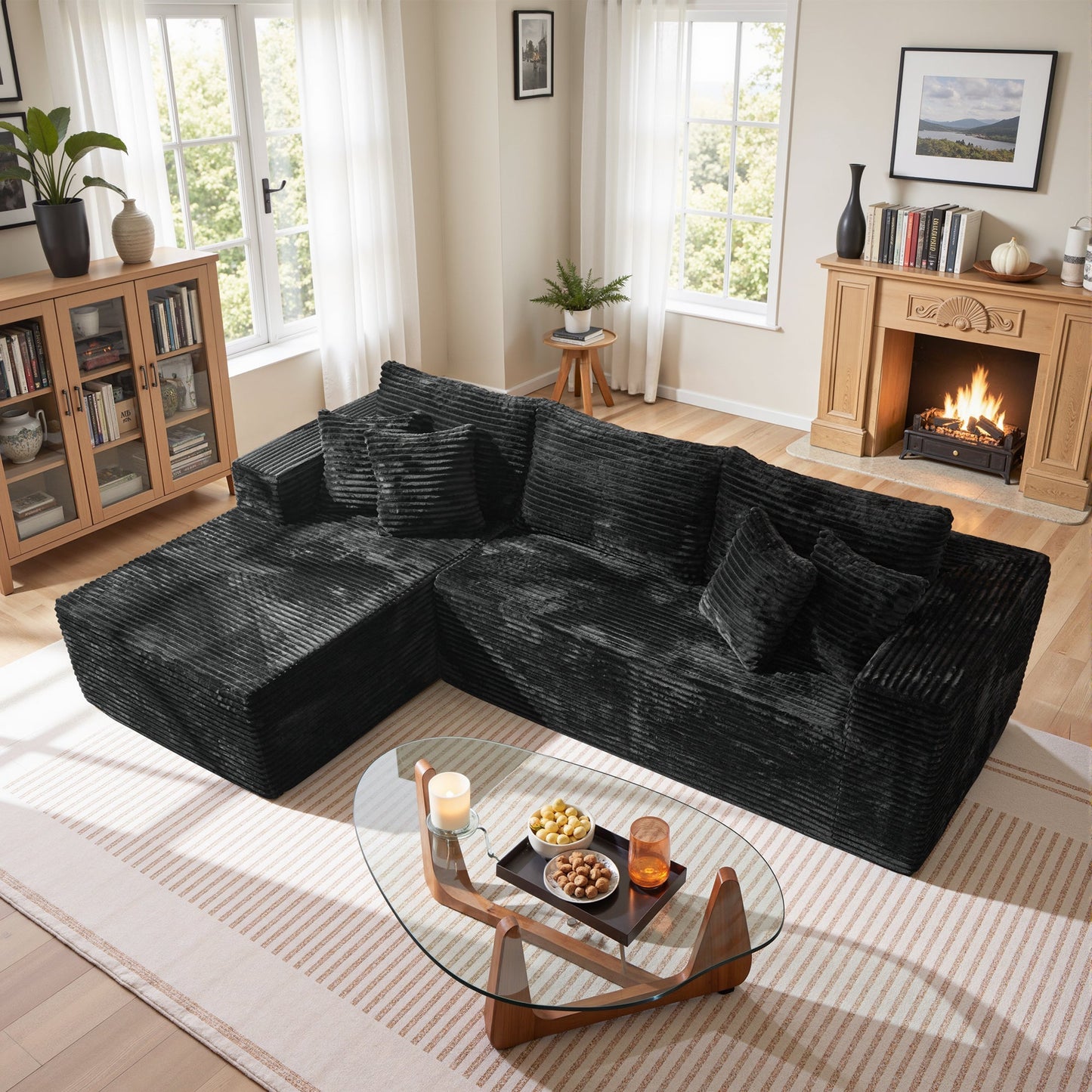 OVIOS 104" L-Shape Modular Couch with Chaise, Plush Corduroy Fabric, No Assembly Required