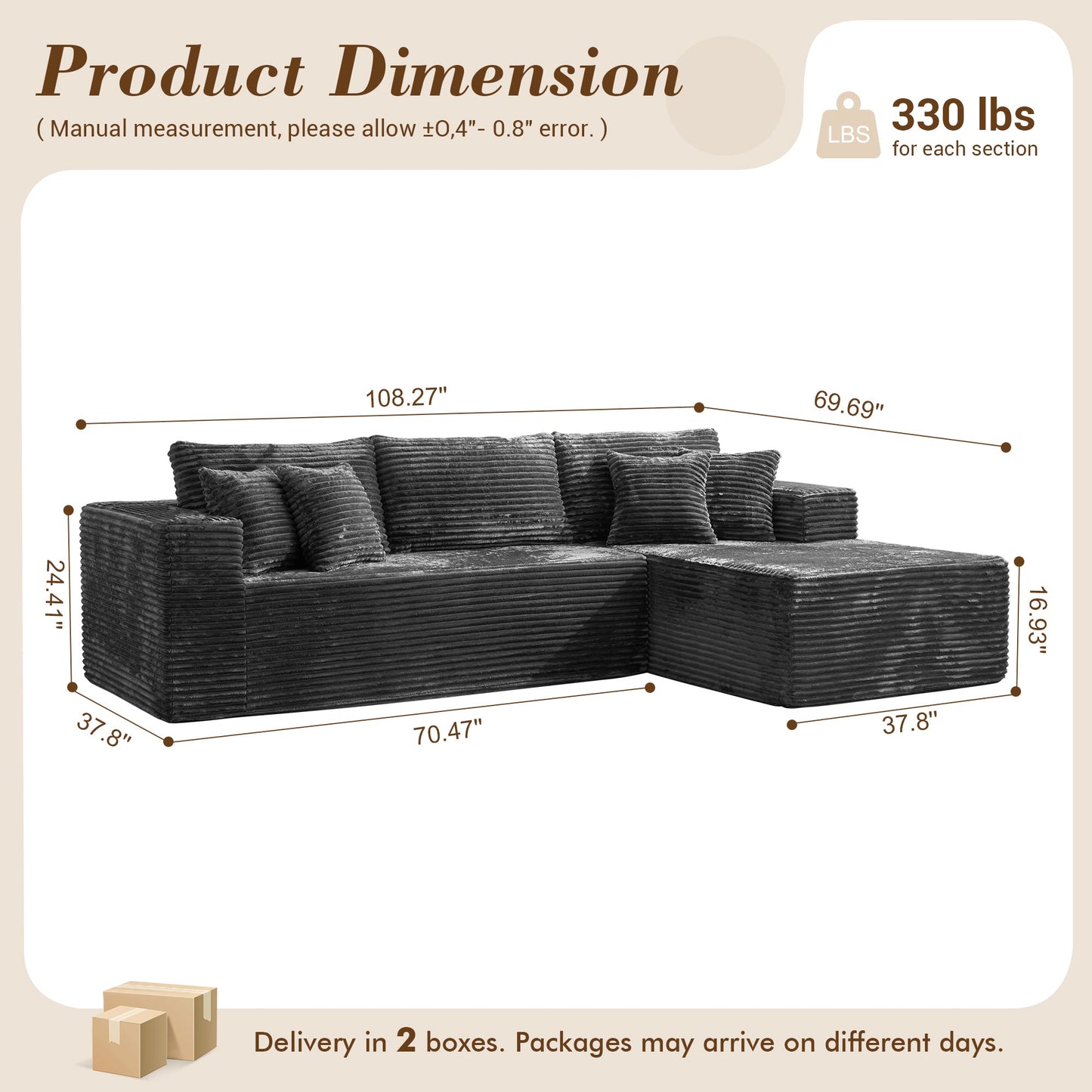 OVIOS 104" L-Shape Modular Couch with Chaise, Plush Corduroy Fabric, No Assembly Required