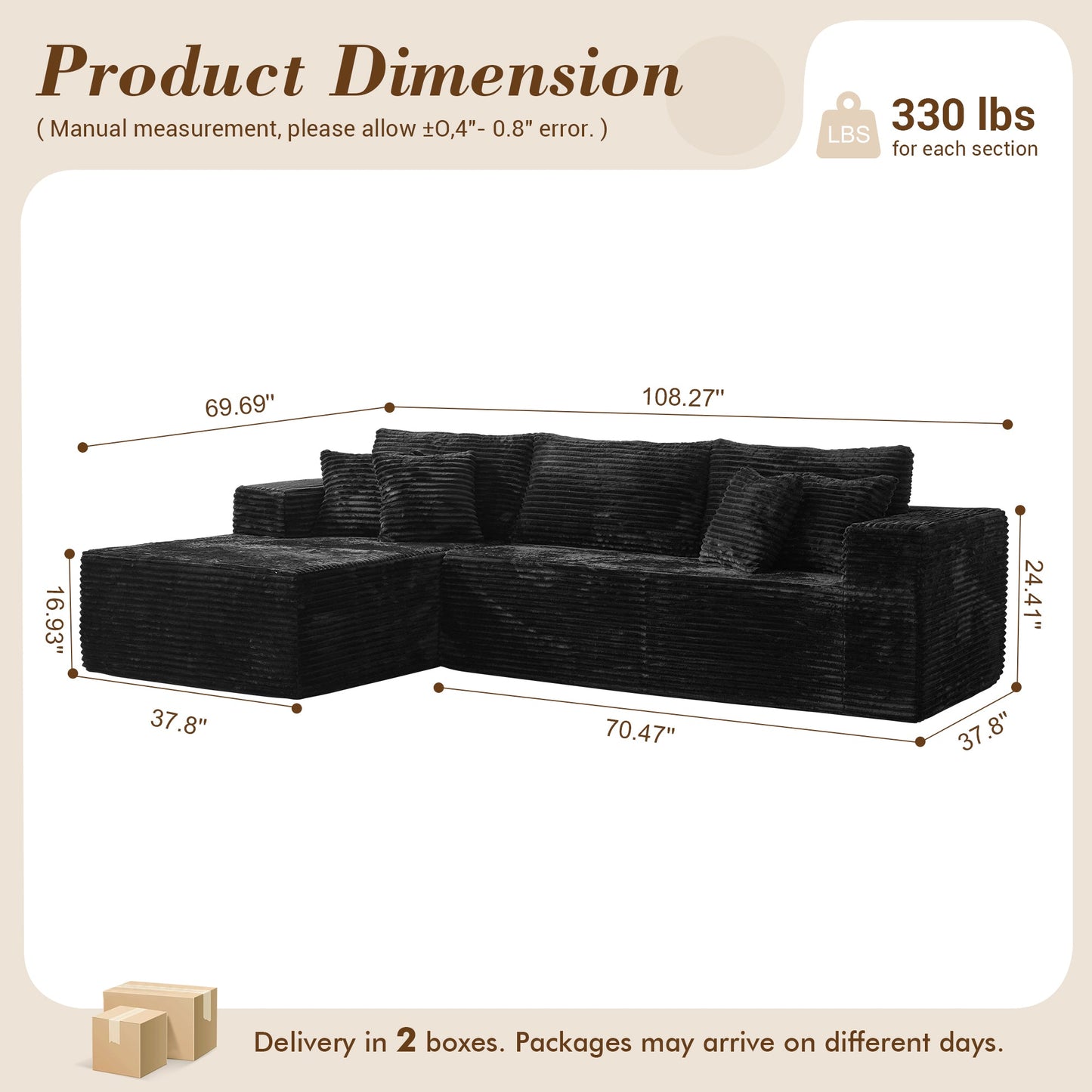 OVIOS 104" L-Shape Modular Couch with Chaise, Plush Corduroy Fabric, No Assembly Required