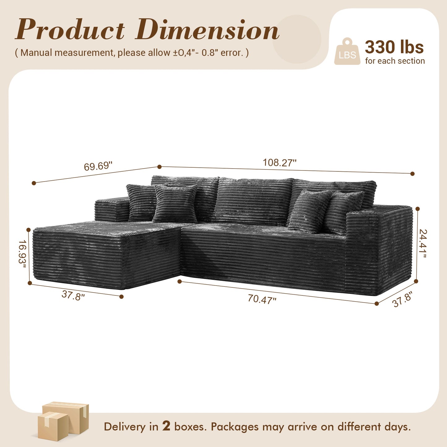 OVIOS 104" L-Shape Modular Couch with Chaise, Plush Corduroy Fabric, No Assembly Required
