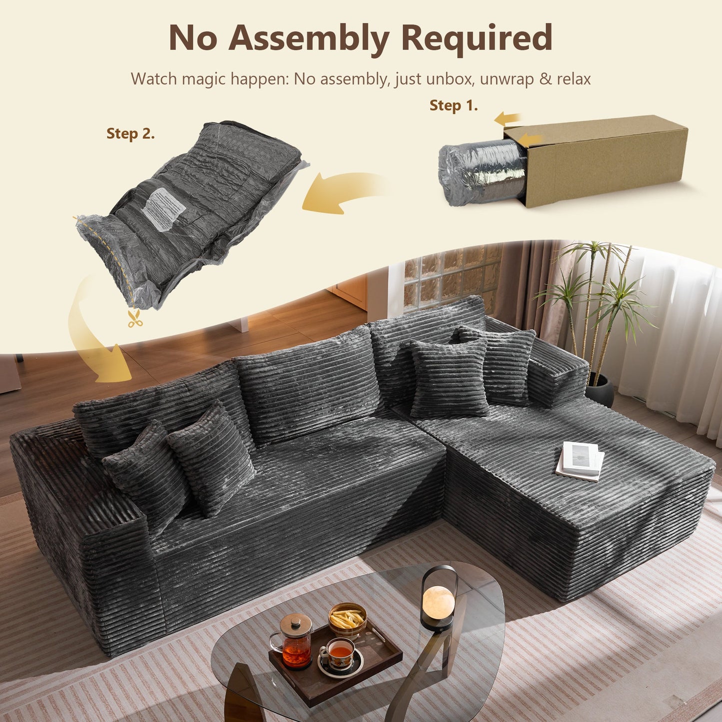 OVIOS 104" L-Shape Modular Couch with Chaise, Plush Corduroy Fabric, No Assembly Required