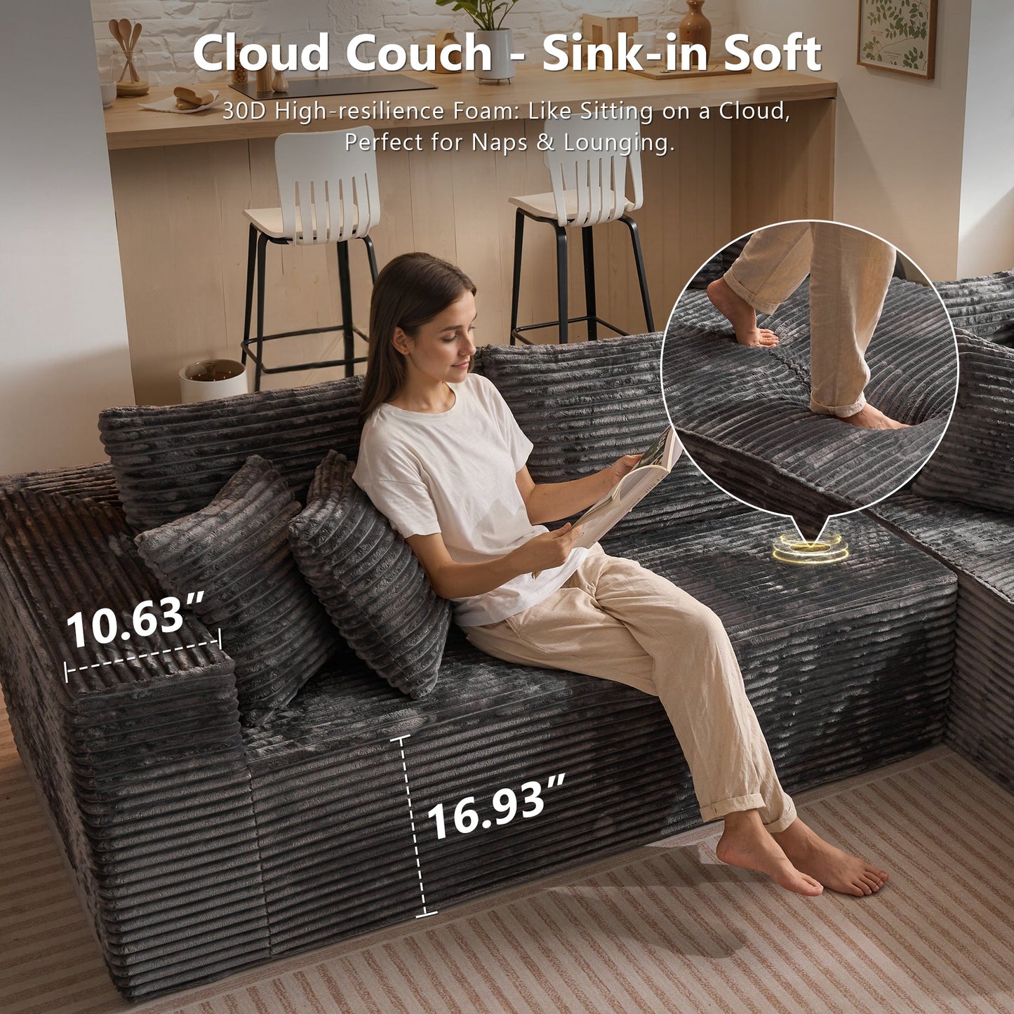 OVIOS 104" L-Shape Modular Couch with Chaise, Plush Corduroy Fabric, No Assembly Required