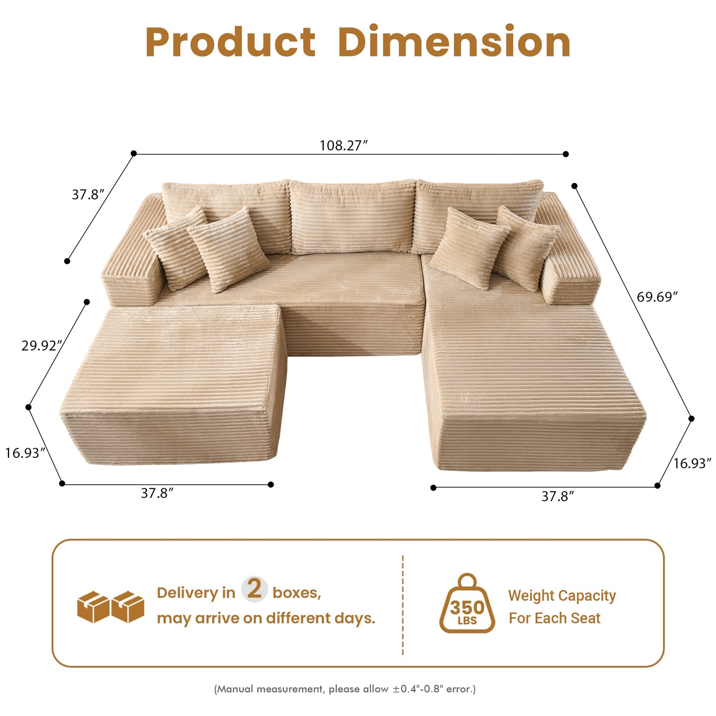 OVIOS 108" U-Shape Modular Couch with Ottoman, Plush Corduroy Fabric, No Assembly Required