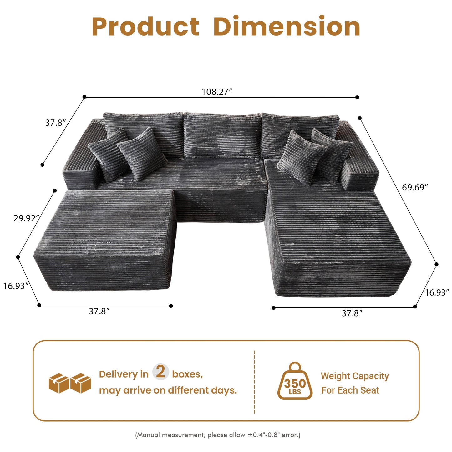 OVIOS 108" U-Shape Modular Couch with Ottoman, Plush Corduroy Fabric, No Assembly Required