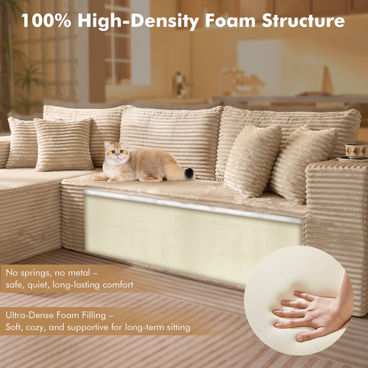 OVIOS 104" L-Shape Modular Couch with Chaise, Plush Corduroy Fabric, No Assembly Required
