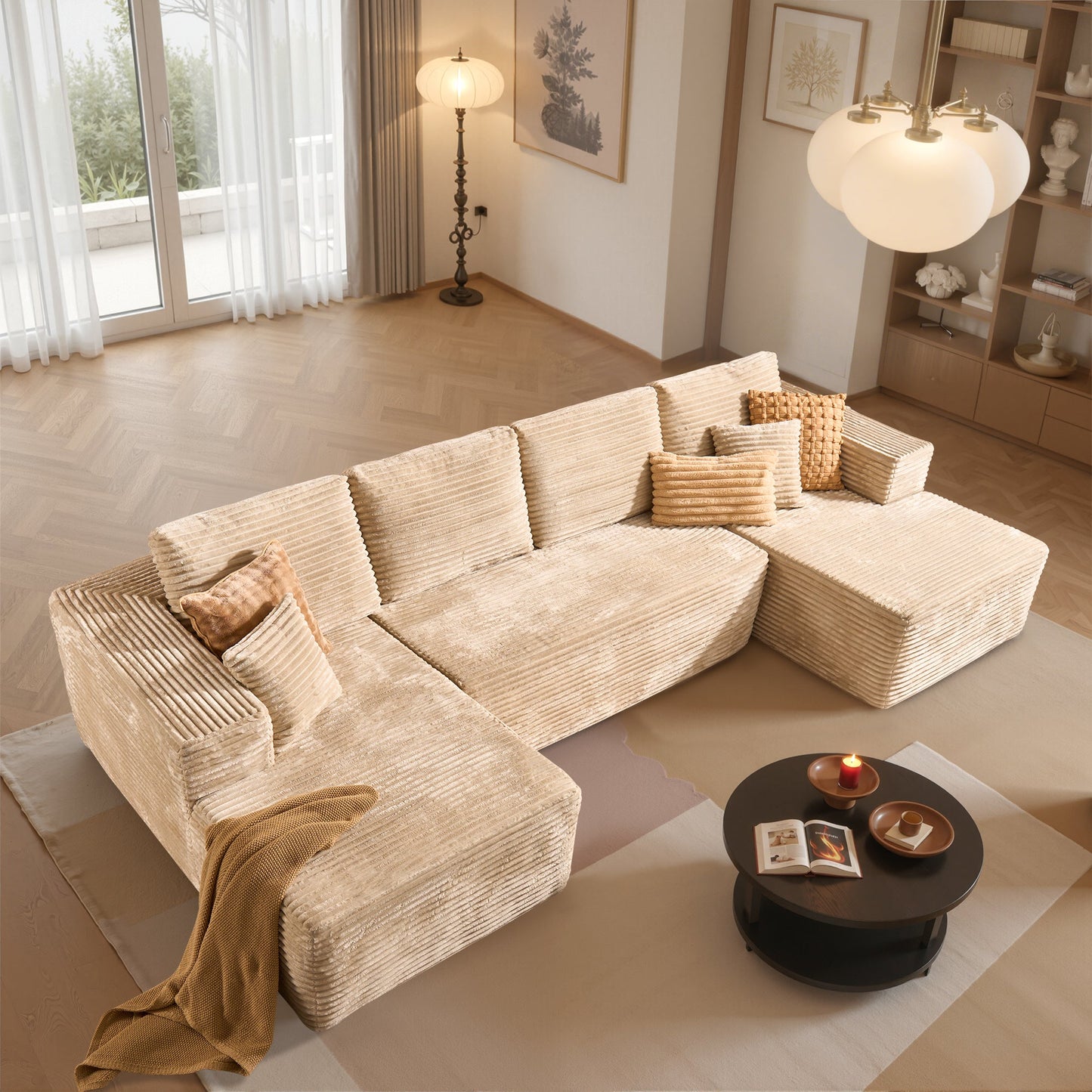 OVIOS U-Shaped Modular Sectional Sofa with Chaise, Plush Corduroy Fabric, No Assembly