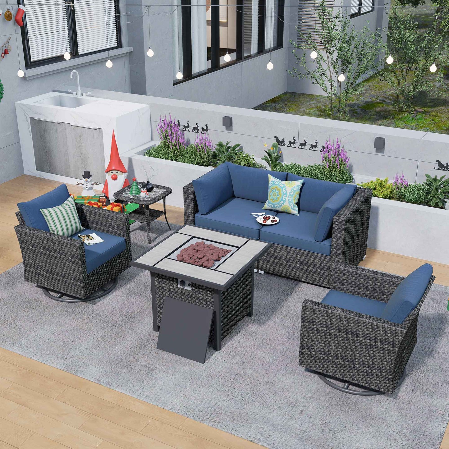 OVIOS Outdoor Sectional Furniture 6-Piece with Rocking Chair and 30'' Fire Pit Table