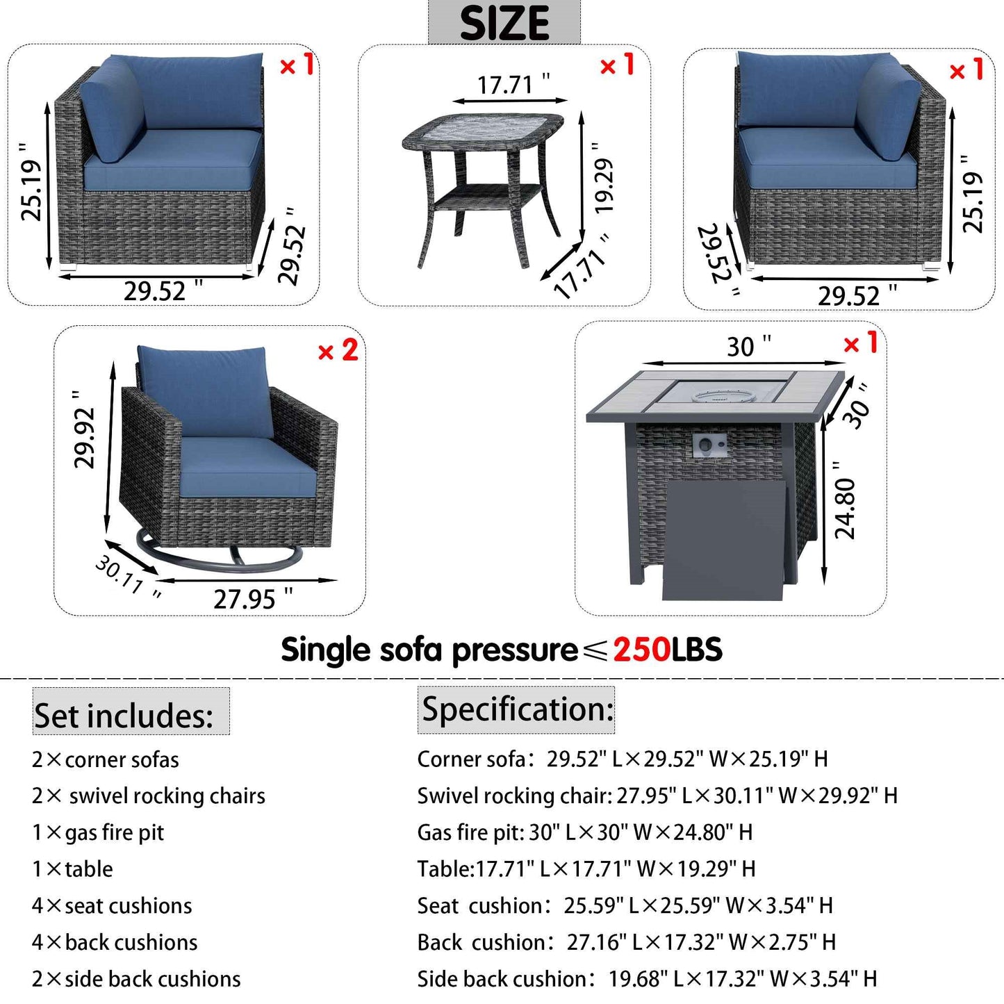 OVIOS Outdoor Sectional Furniture 6-Piece with Rocking Chair and 30'' Fire Pit Table