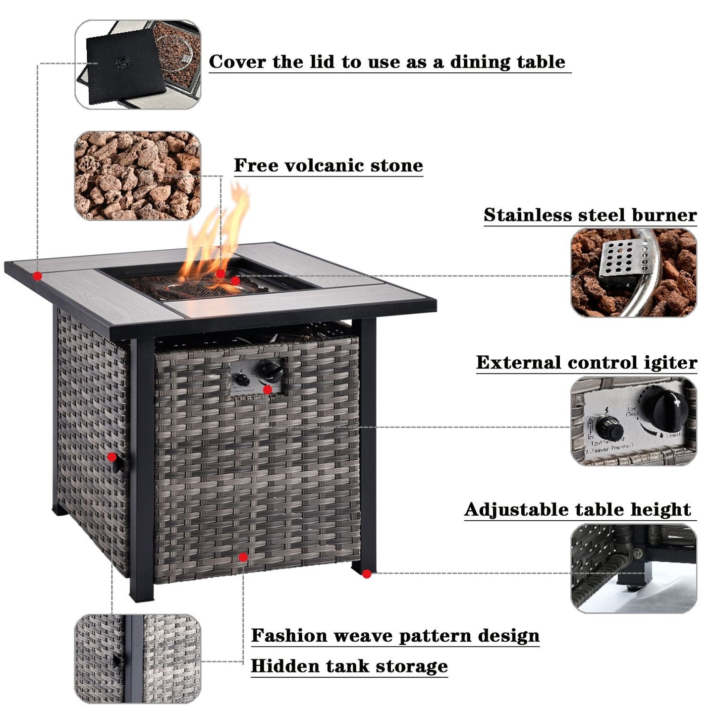 OVIOS Outdoor Sectional Furniture 11-Piece with Rocking Chair and 30'' Fire Pit Table
