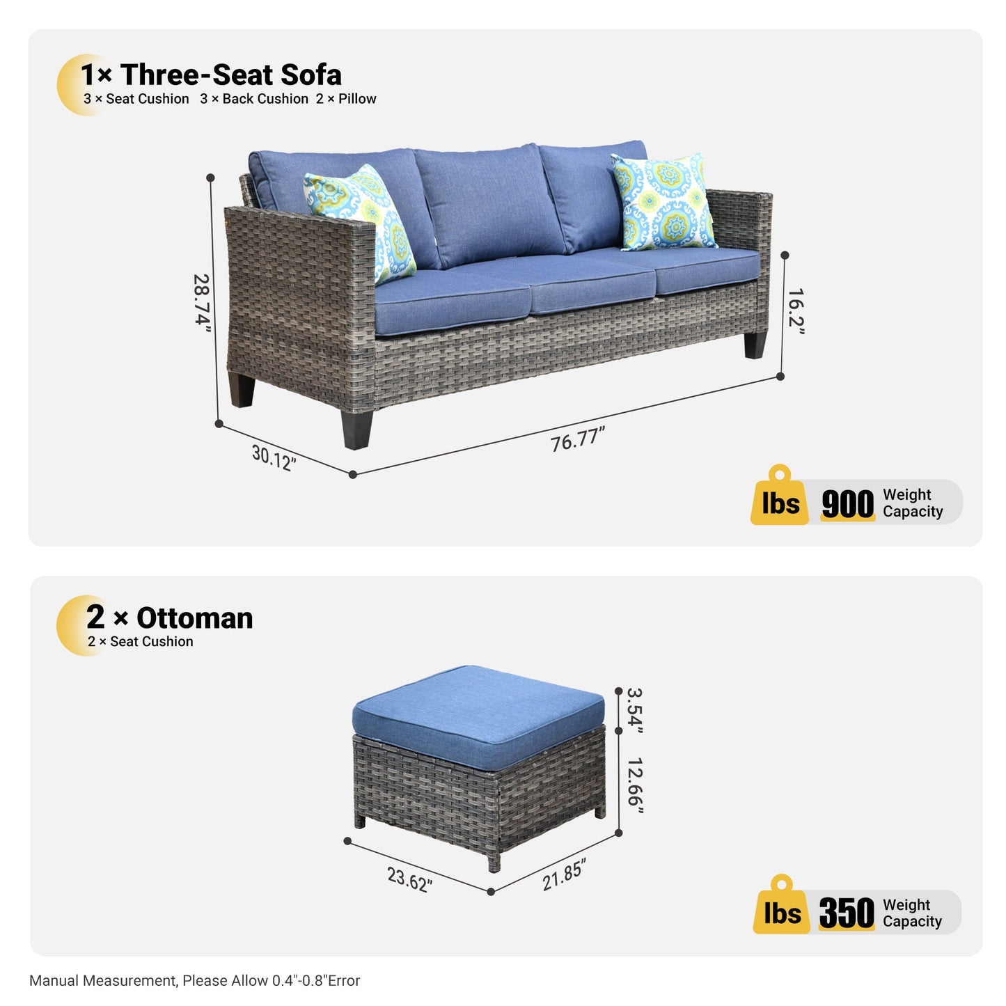 OVIOS Outdoor Couch New Vultros 3-Piece High Back with Ottoman