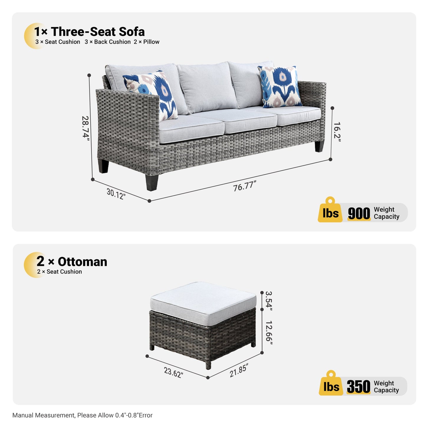 OVIOS Outdoor Couch New Vultros 3-Piece High Back with Ottoman