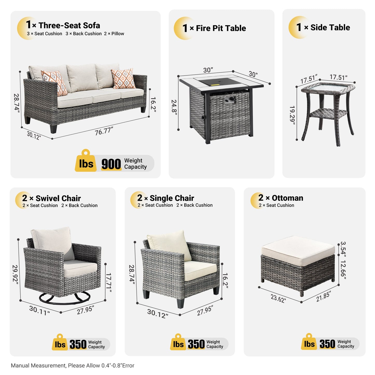 OVIOS Patio Vultros 9-Piece Set with 2 Swivel Chairs and 30'' Propane Fire Pit Table