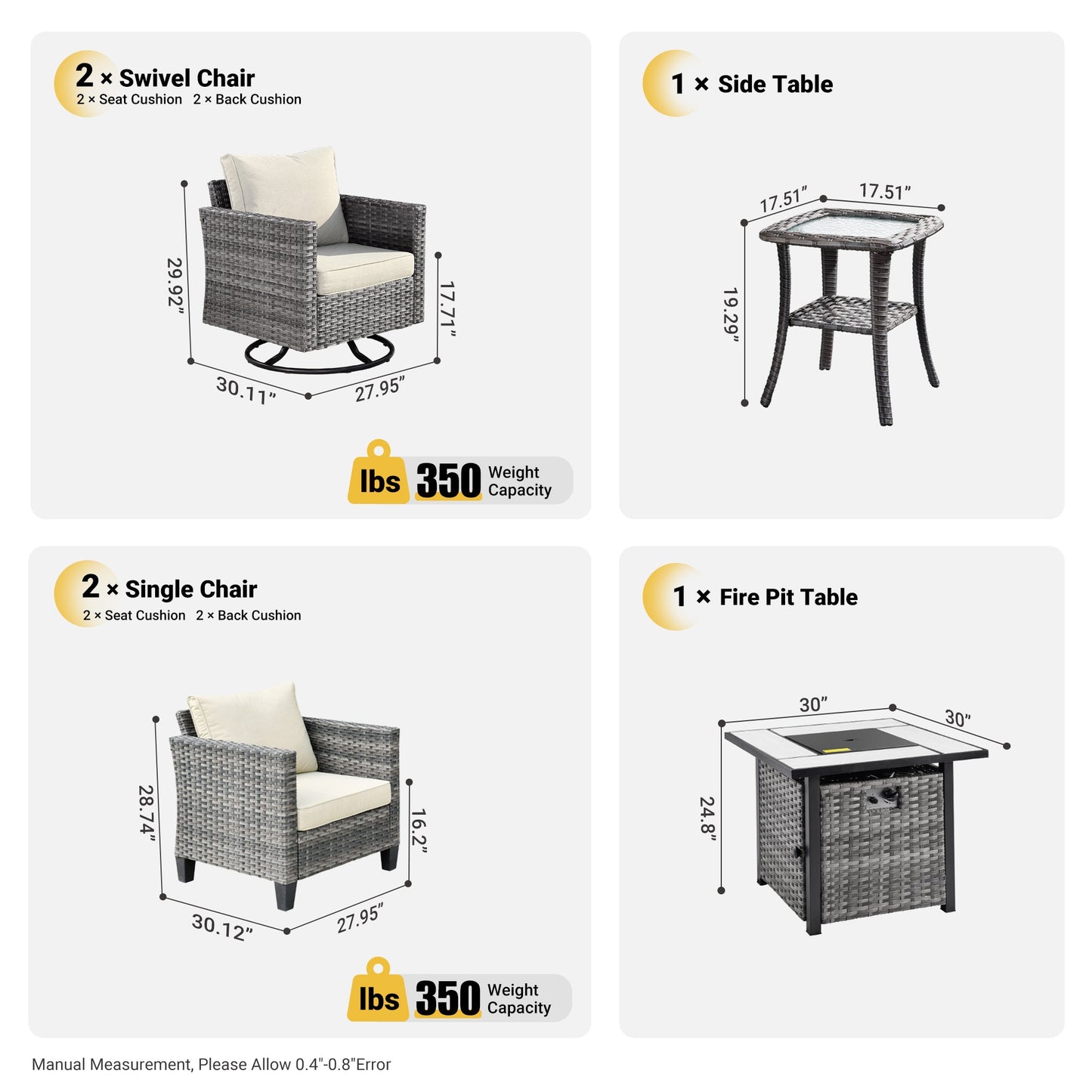 OVIOS Patio Vultros 6-Piece Conversation Set, 2 Swivel Chairs 2 Chairs with 30'' Propane Fire Pit Table
