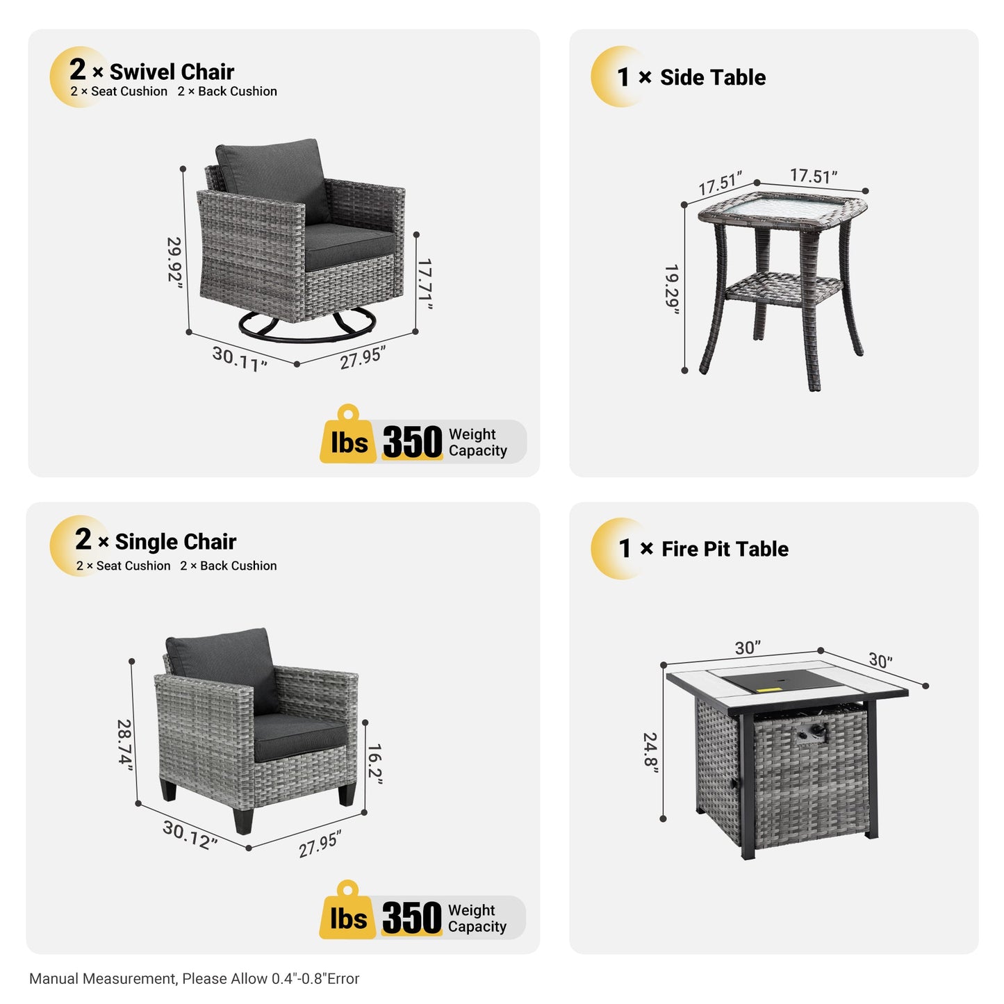 OVIOS Patio Vultros 6-Piece Conversation Set, 2 Swivel Chairs 2 Chairs with 30'' Propane Fire Pit Table