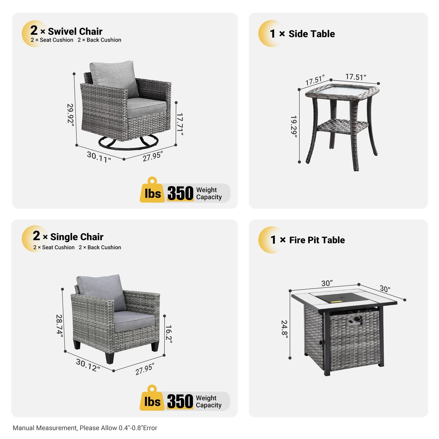 OVIOS Patio Vultros 6-Piece Conversation Set, 2 Swivel Chairs 2 Chairs with 30'' Propane Fire Pit Table