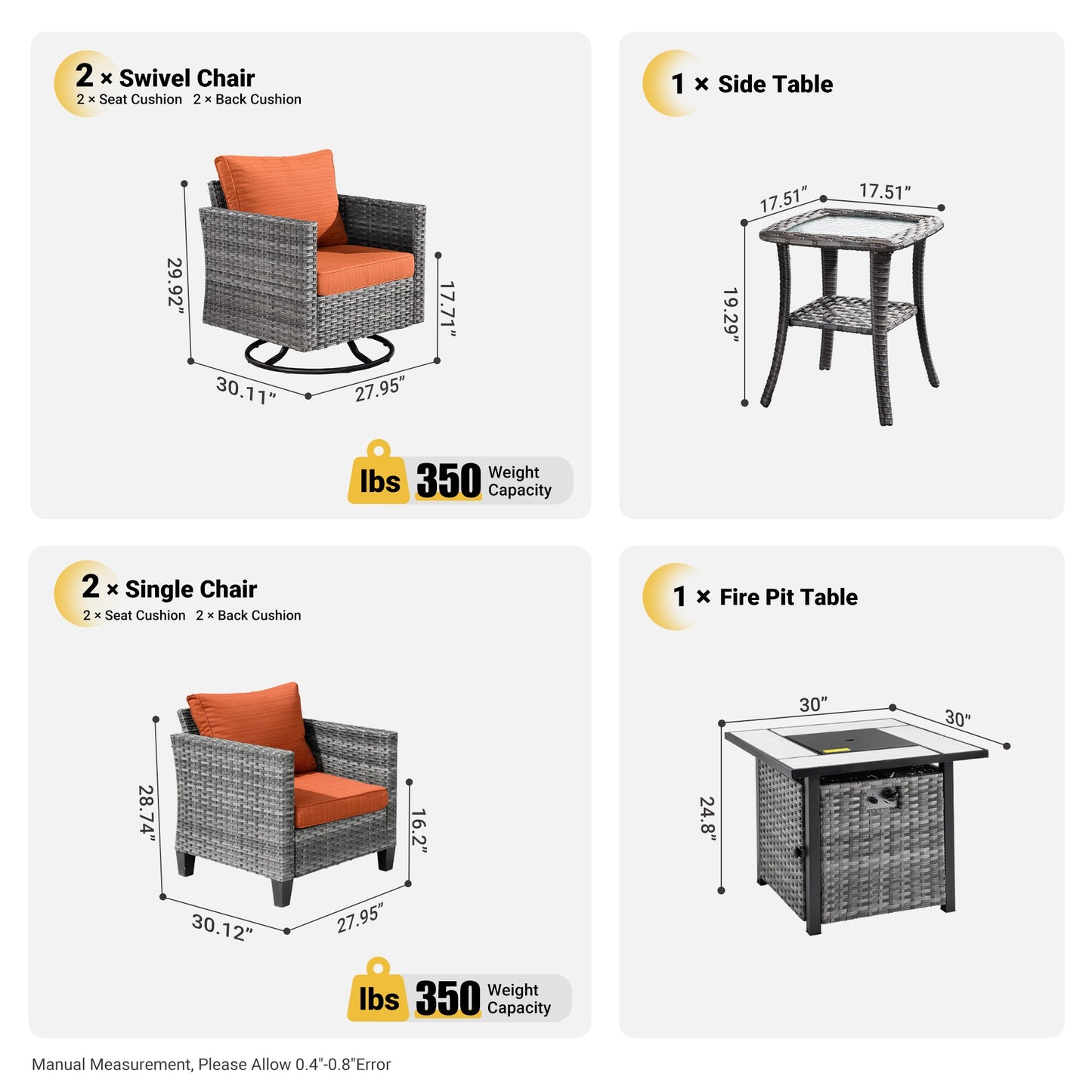OVIOS Patio Vultros 6-Piece Conversation Set, 2 Swivel Chairs 2 Chairs with 30'' Propane Fire Pit Table