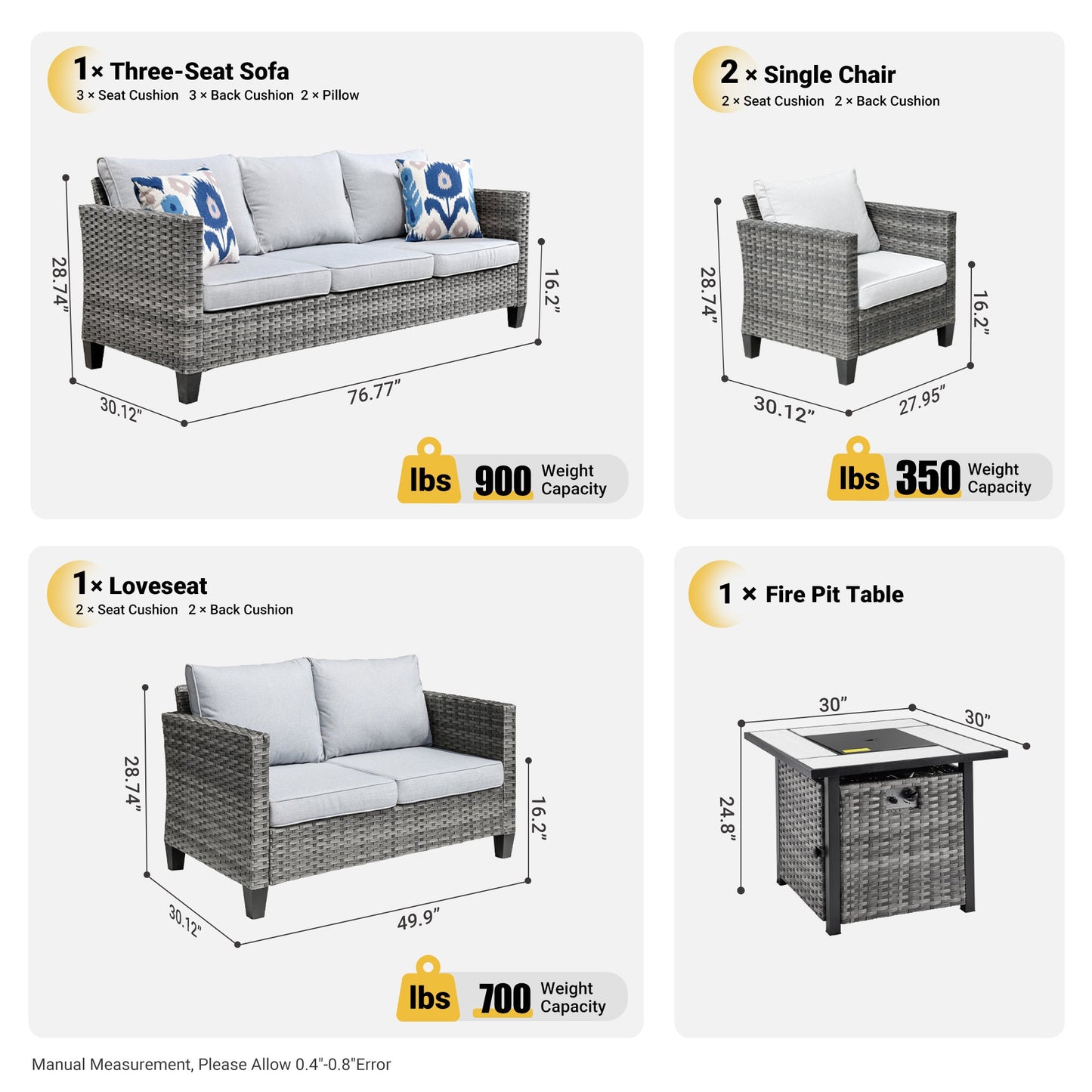 OVIOS Patio Vultros Furniture Set 7-Person Seating with 30'' Propane Fire Pit Table