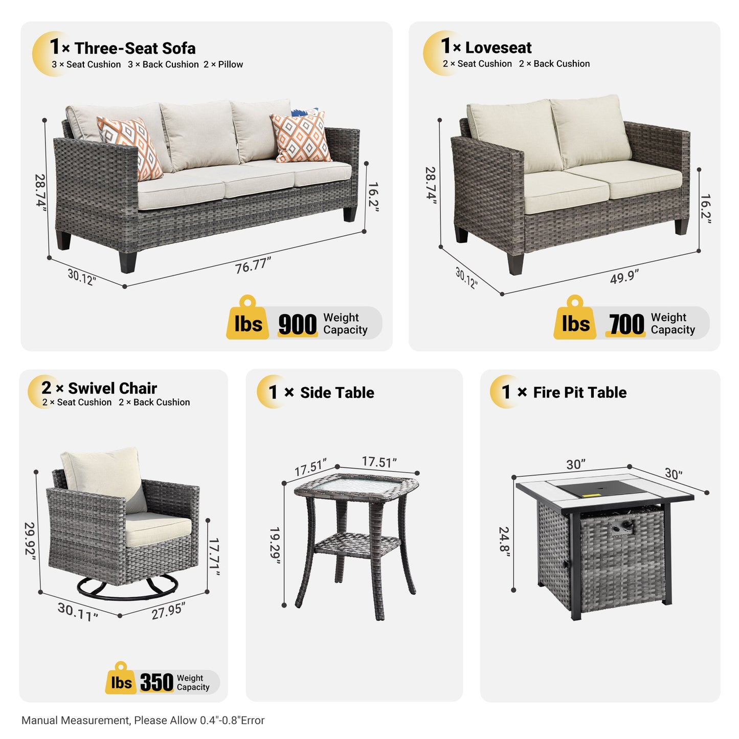 OVIOS Patio Vultros 6-Piece Set With Swivel Chair Lover seat and 30'' Propane Fire Pit Table
