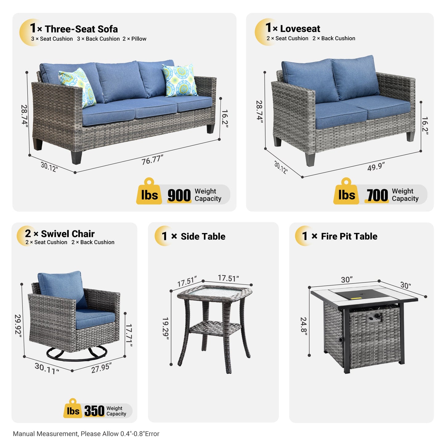 OVIOS Patio Vultros 6-Piece Set With Swivel Chair Lover seat and 30'' Propane Fire Pit Table