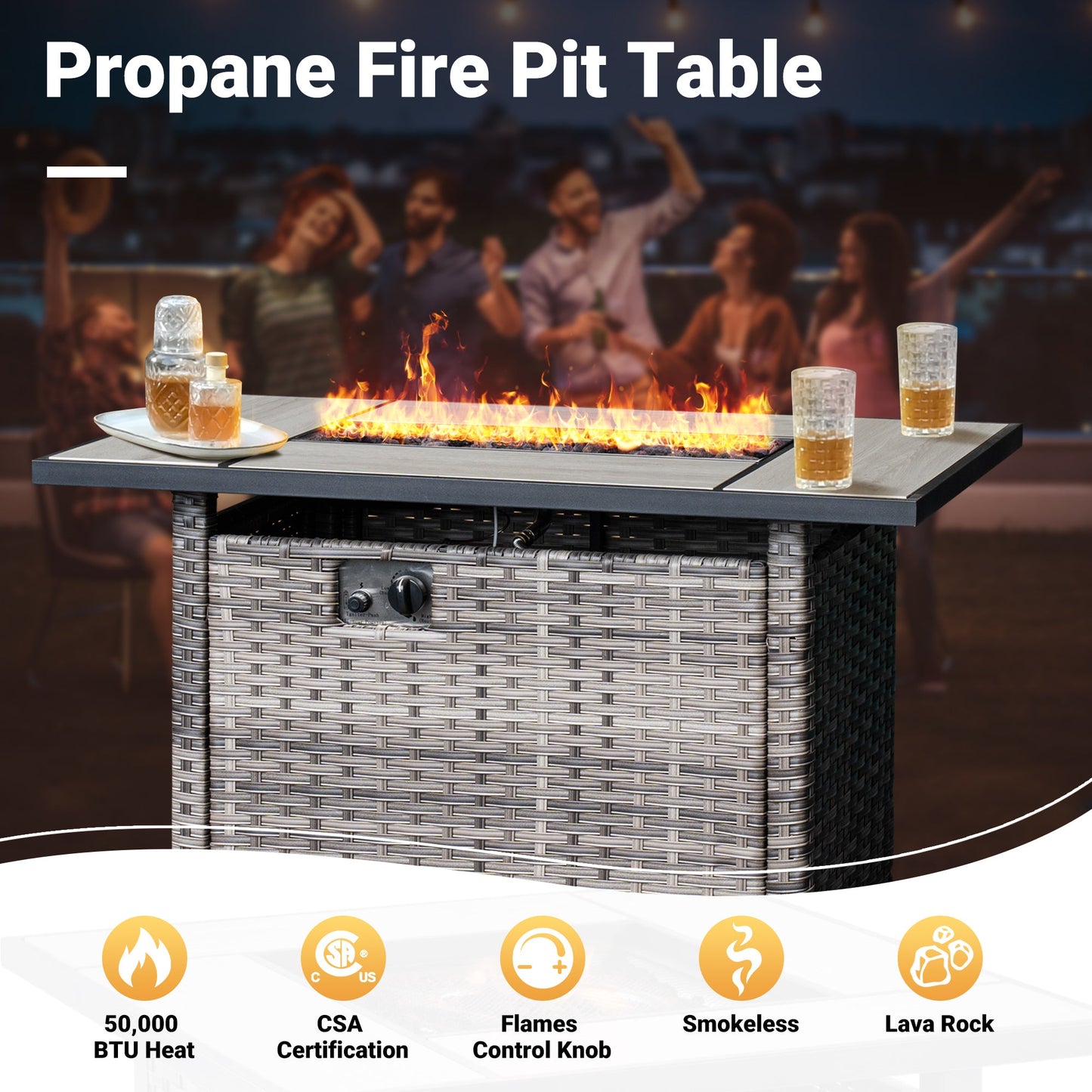 OVIOS Patio Vultros 7-Piece Set With Swivel Chair and Rectangle 42'' Propane Fire Pit Table