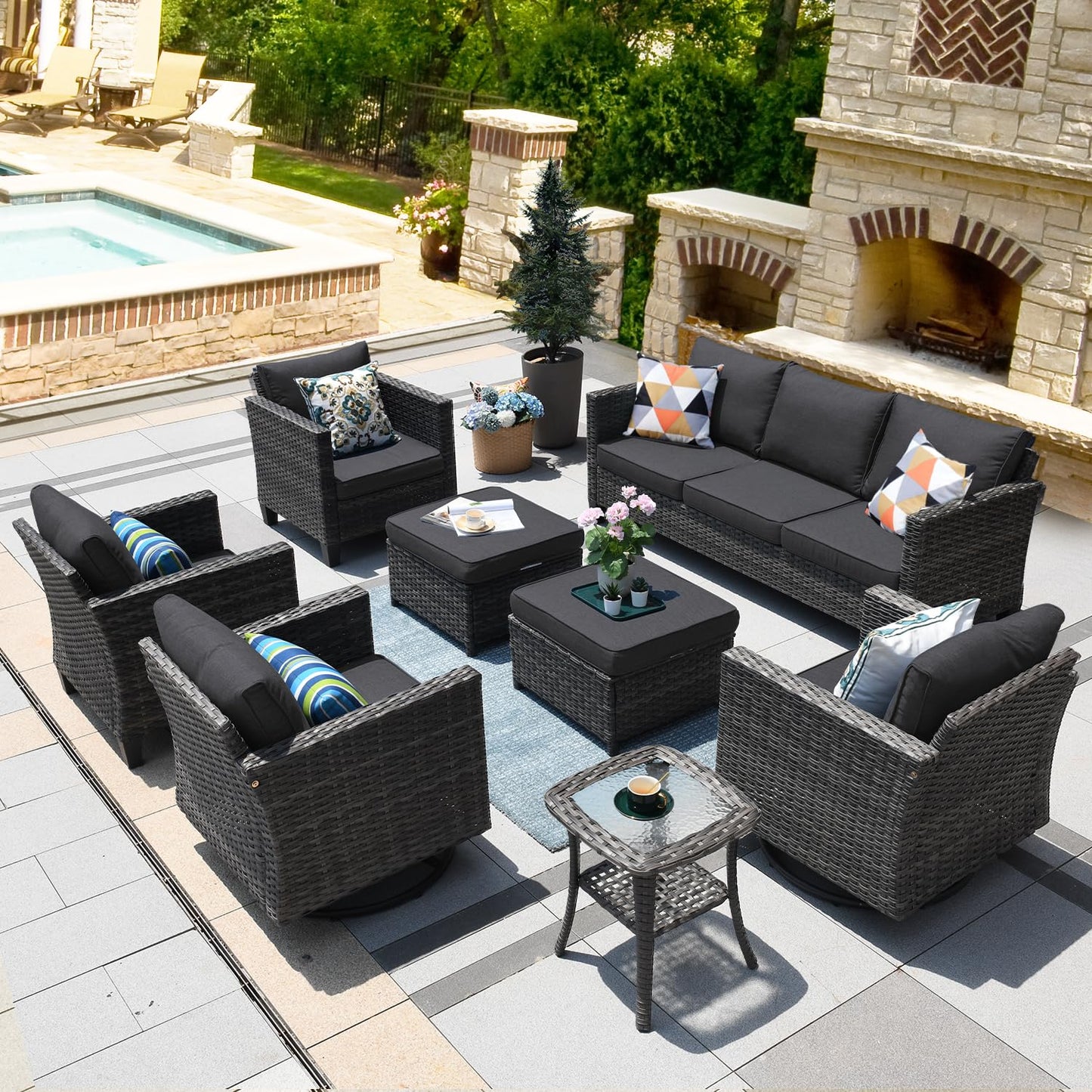 OVIOS Patio Conversation Set 8-Piece with Swivel Rocking Chairs and Table