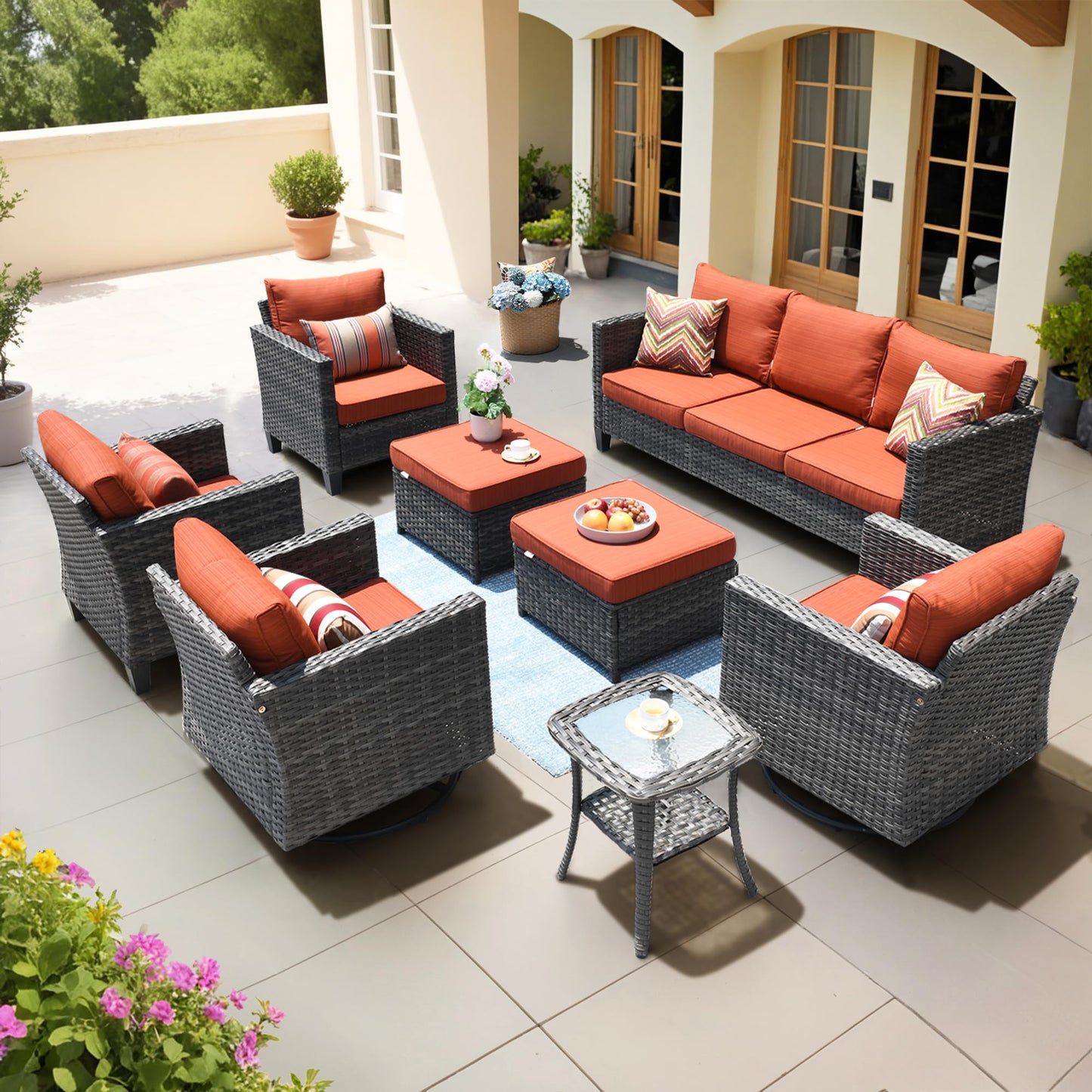 OVIOS Patio Conversation Set 8-Piece with Swivel Rocking Chairs and Table