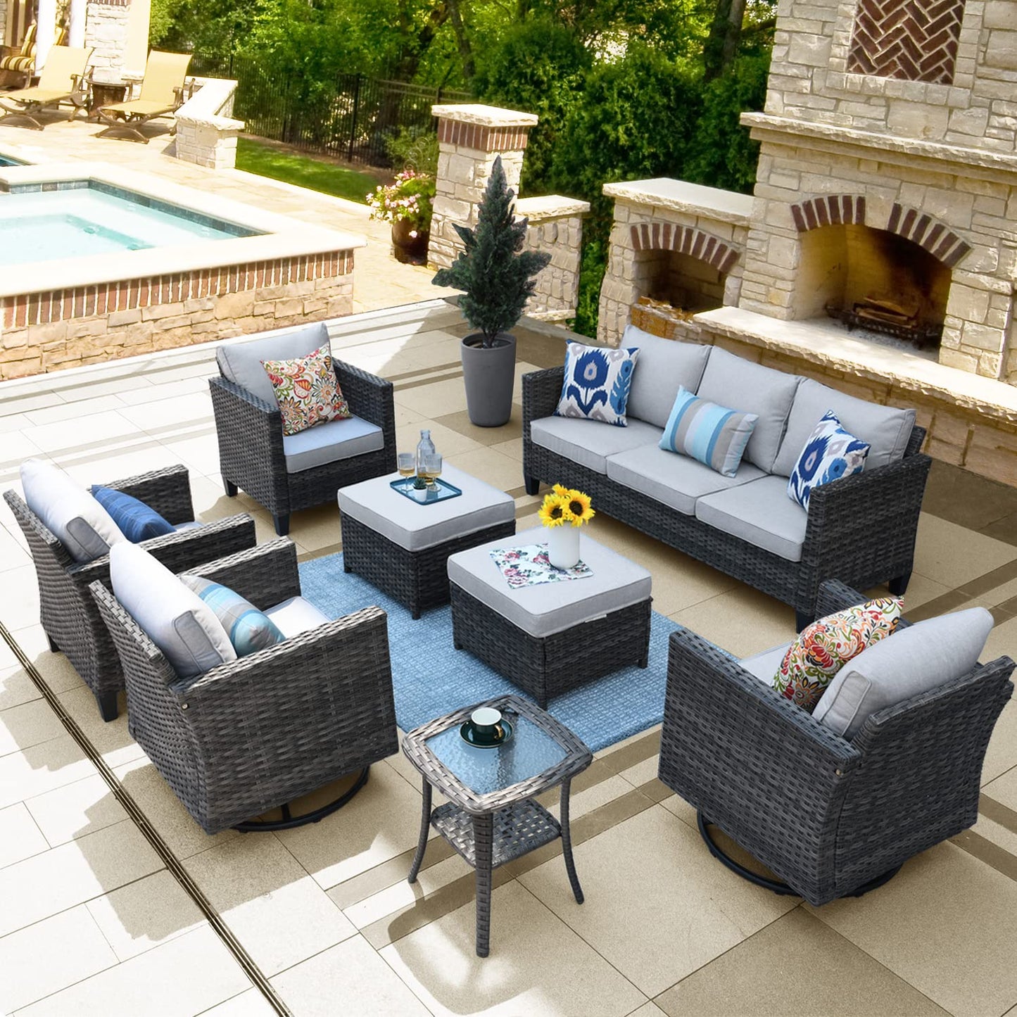 OVIOS Patio Conversation Set 8-Piece with Swivel Rocking Chairs and Table