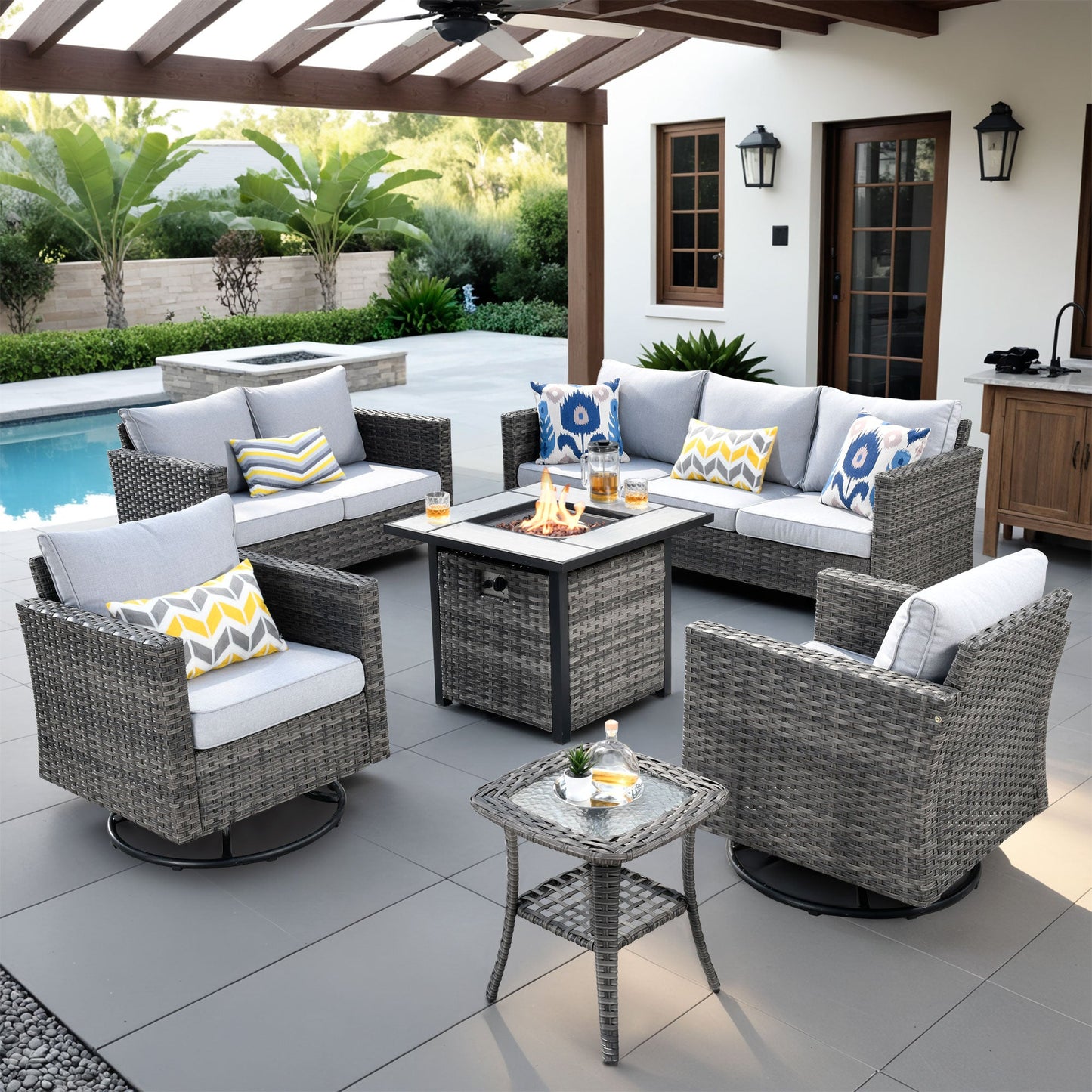 OVIOS Patio Vultros 6-Piece Set With Swivel Chair Lover seat and 30'' Propane Fire Pit Table