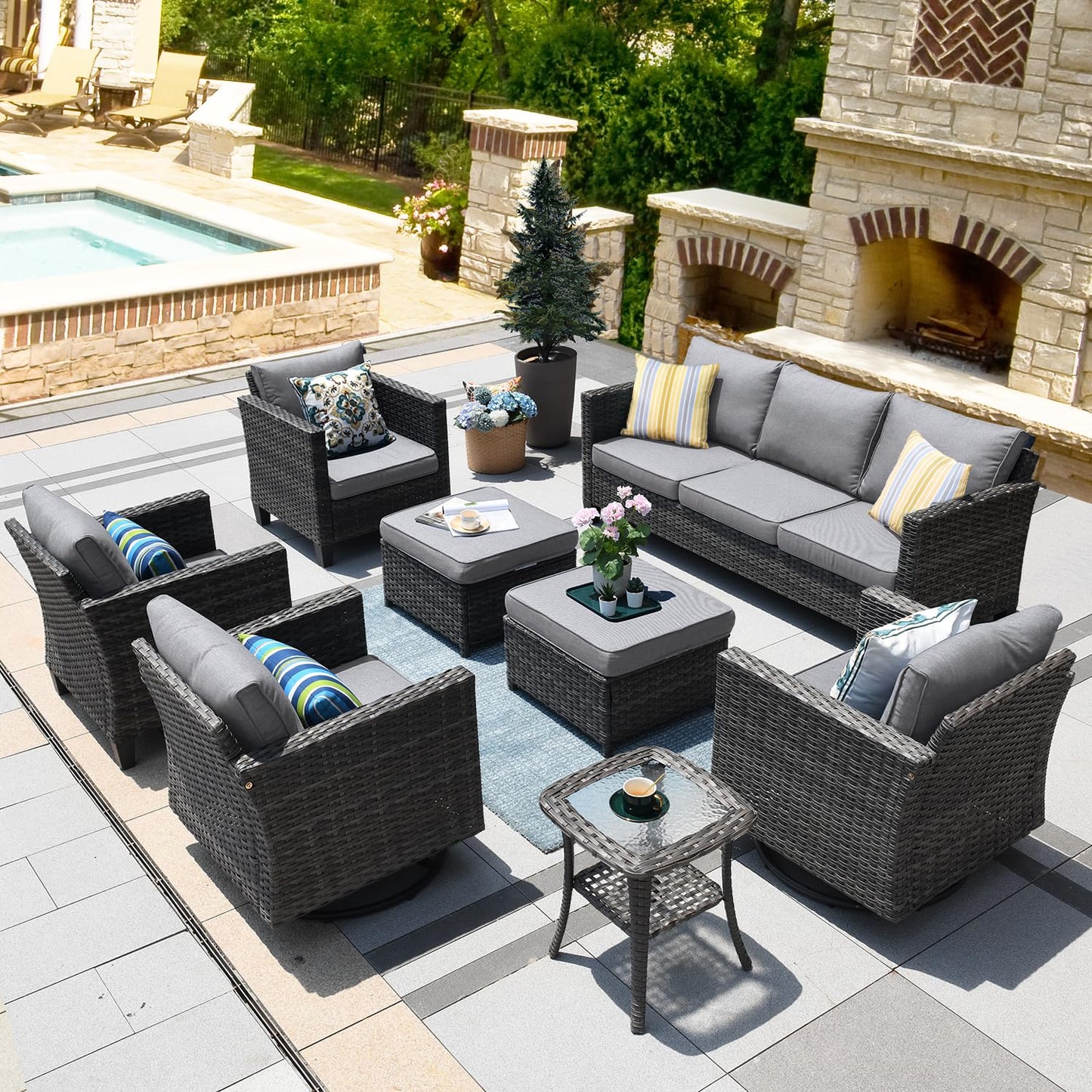 OVIOS Patio Conversation Set 8-Piece with Swivel Rocking Chairs and Table