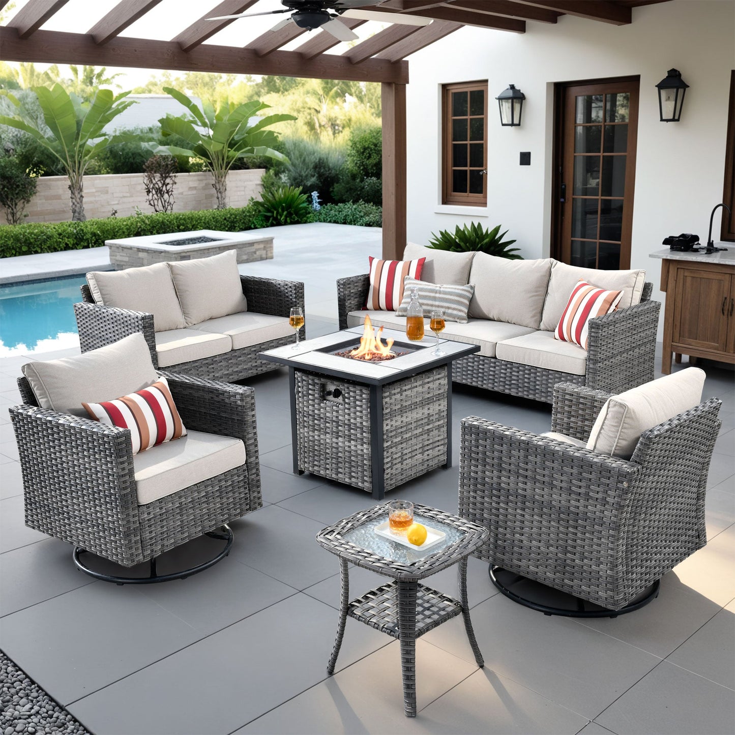 OVIOS Patio Vultros 6-Piece Set With Swivel Chair Lover seat and 30'' Propane Fire Pit Table