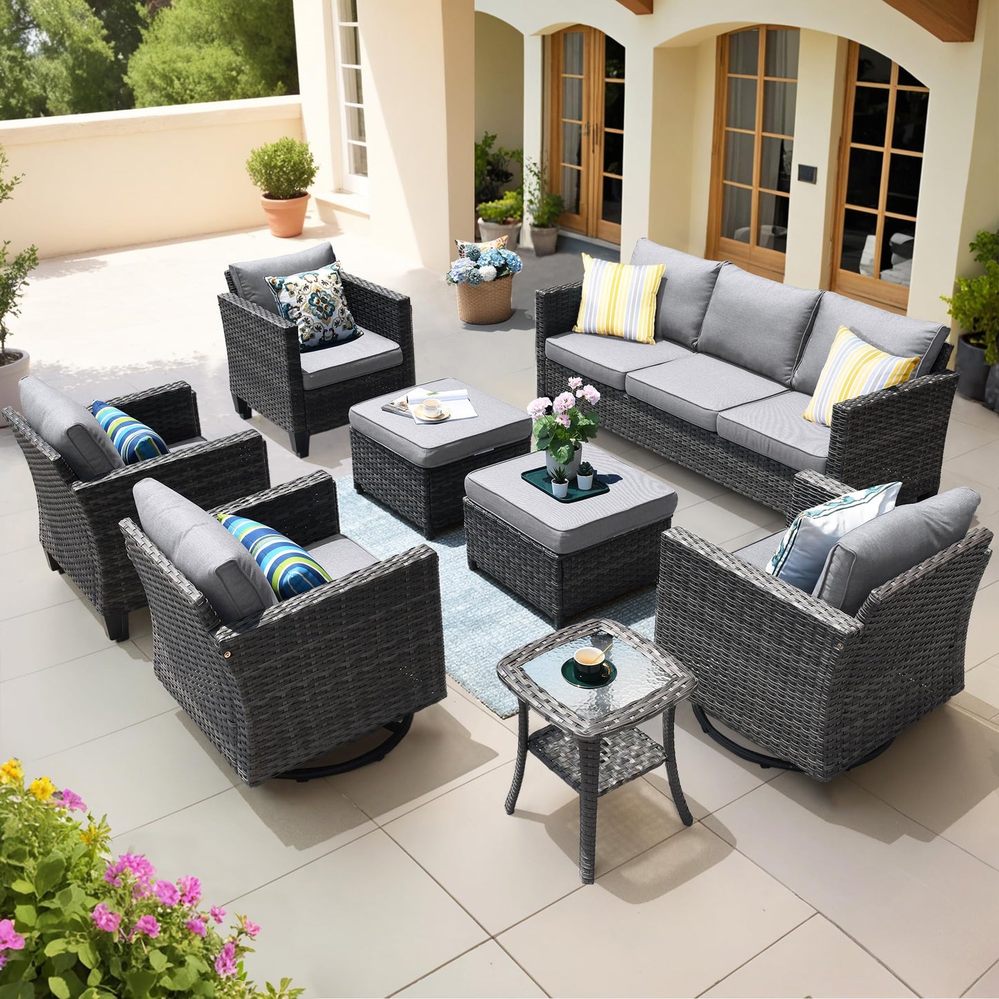OVIOS Patio Conversation Set 8-Piece with Swivel Rocking Chairs and Table