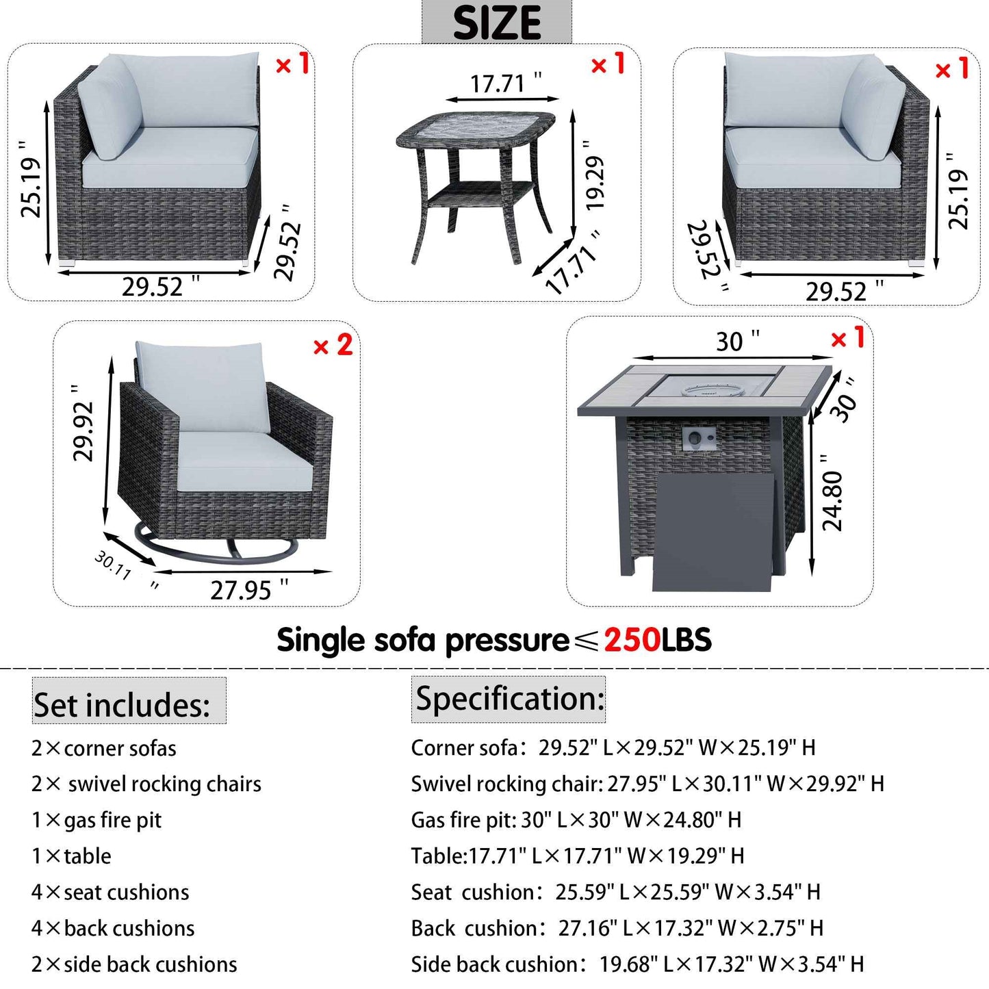 OVIOS Outdoor Sectional Furniture 6-Piece with Rocking Chair and 30'' Fire Pit Table