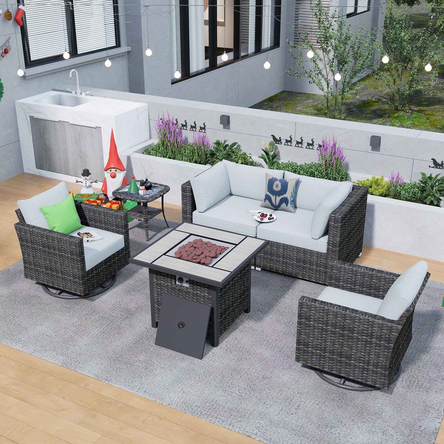 OVIOS Outdoor Sectional Furniture 6-Piece with Rocking Chair and 30'' Fire Pit Table