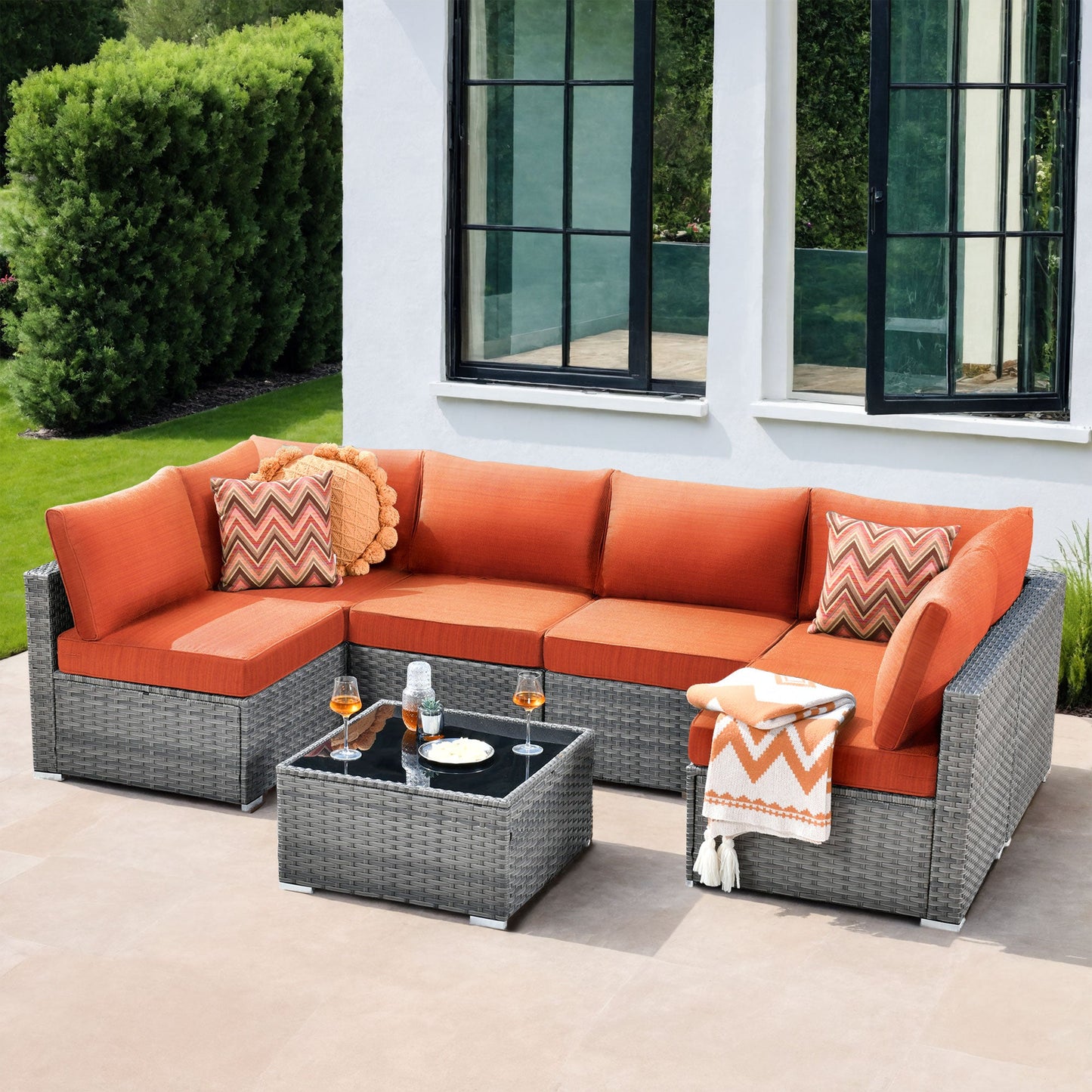OVIOS Outdoor Sectional Furniture 7-Piece with Cushions and Table