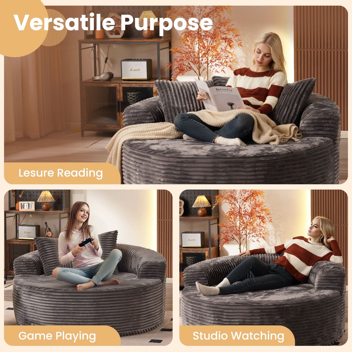 OVIOS Modern 3-Piece Sectional Sofa Set With Loveseat & Chaise Lounge, No-Assembly Design