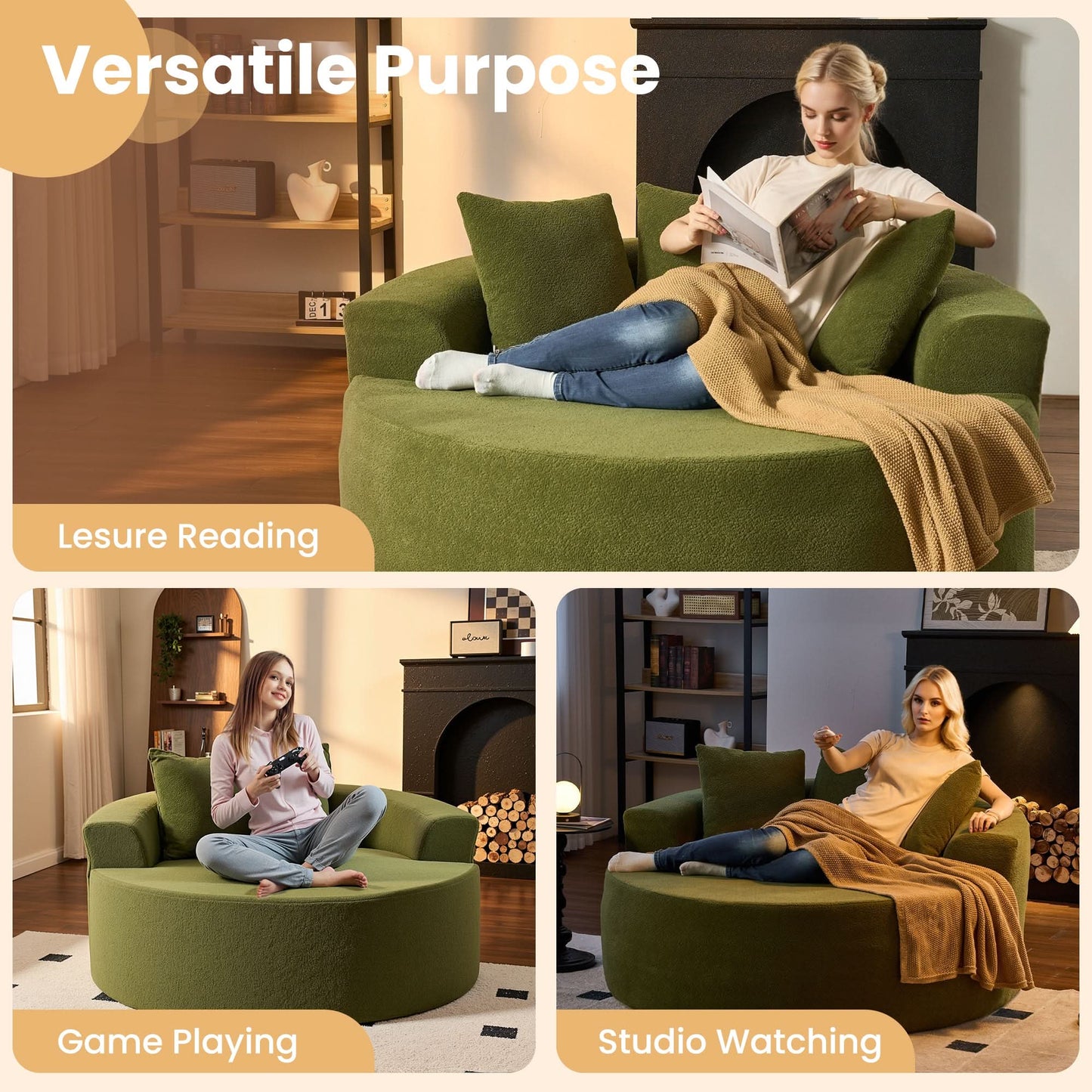 OVIOS Modern 3-Piece Sectional Sofa Set With Loveseat & Chaise Lounge, No-Assembly Design