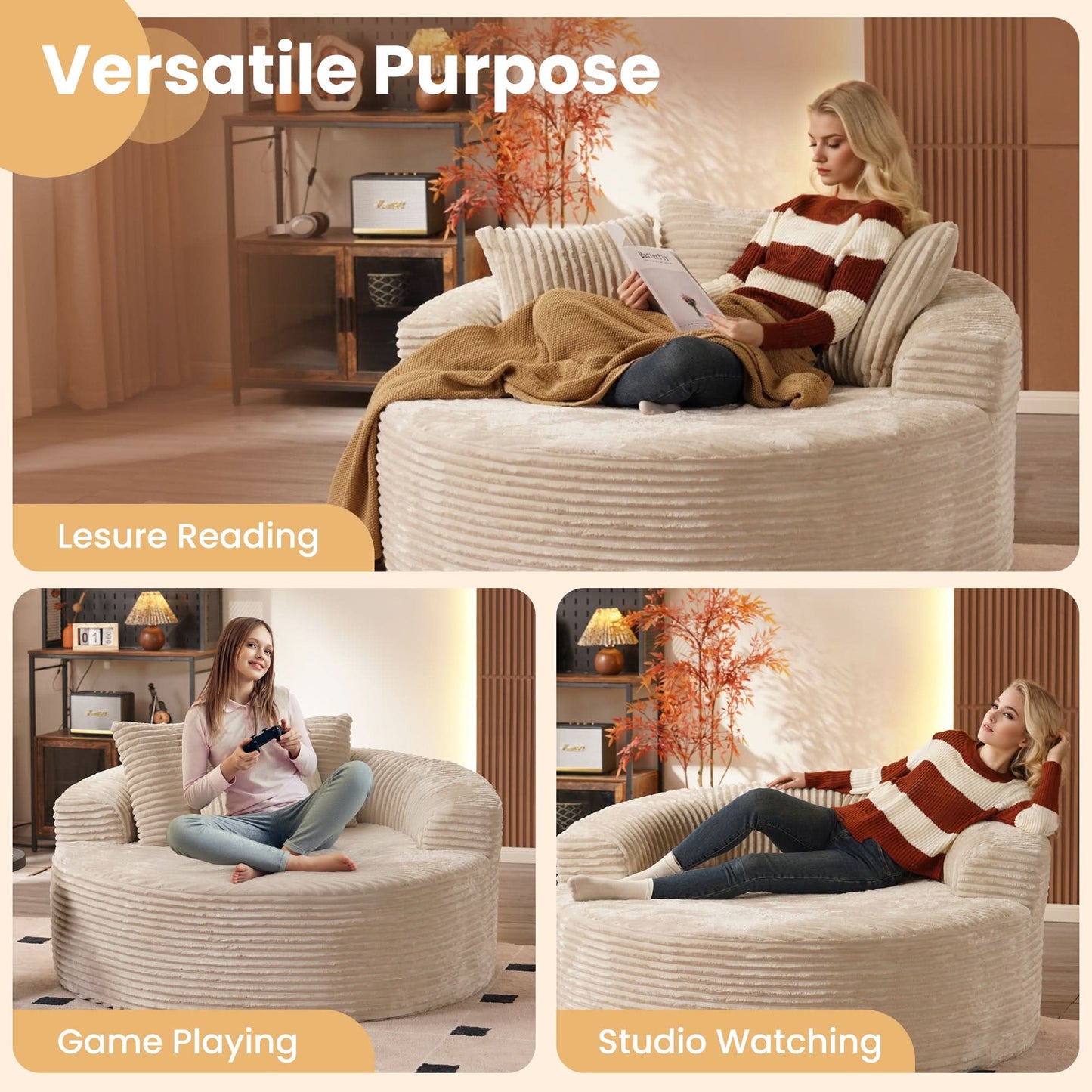 OVIOS Modern 3-Piece Sectional Sofa Set With Loveseat & Chaise Lounge, No-Assembly Design