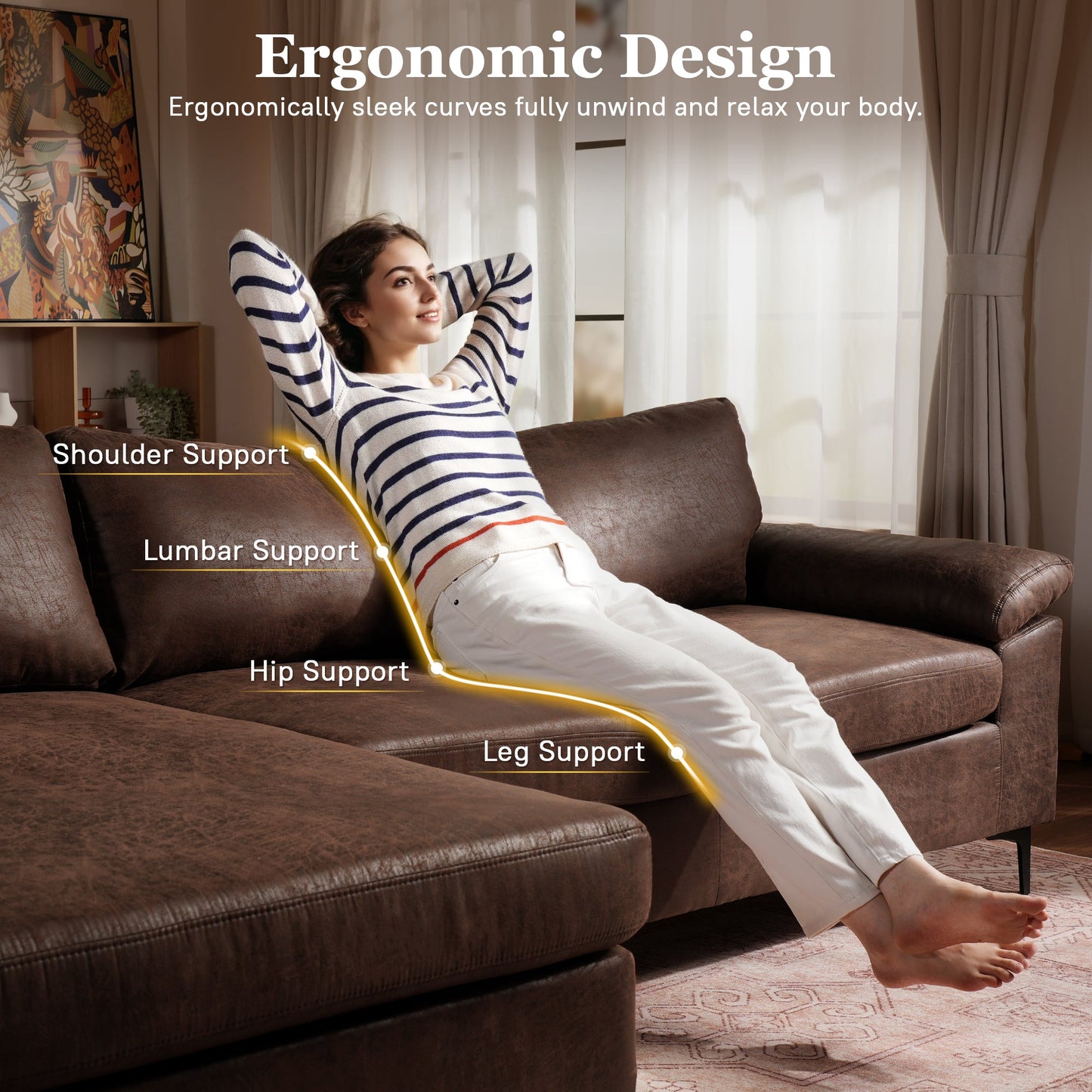 OVIOS 100.40" Reversible Chaise Sofa Suede Fabric