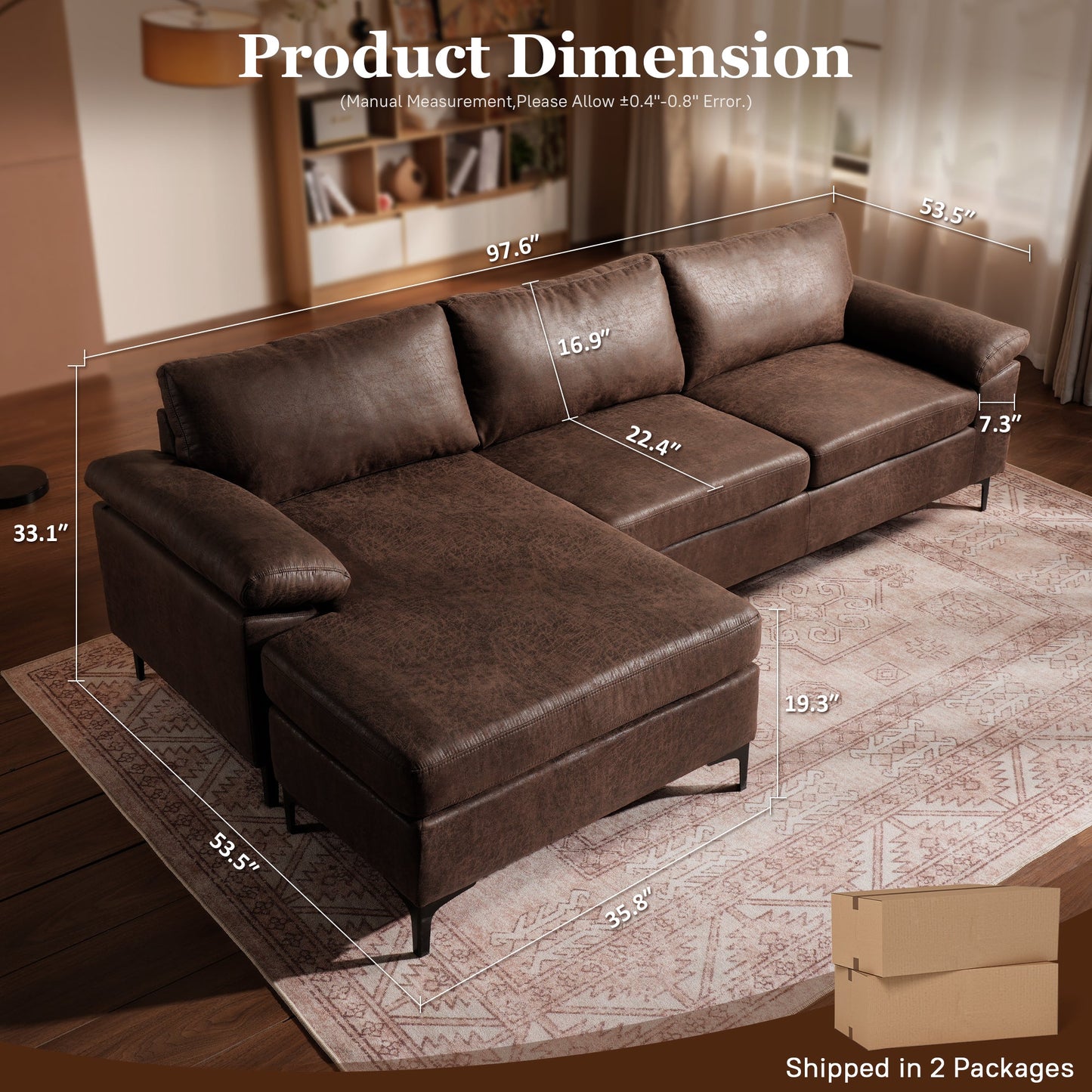 OVIOS 100.40" Reversible Chaise Sofa Suede Fabric