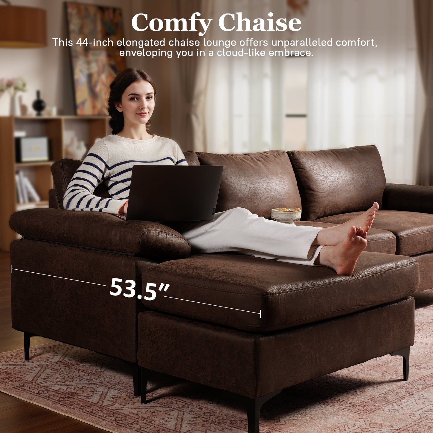 OVIOS 100.40" Reversible Chaise Sofa Suede Fabric