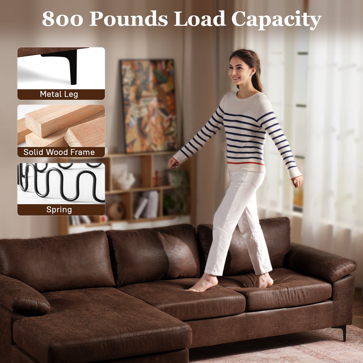 OVIOS 100.40" Reversible Chaise Sofa Suede Fabric