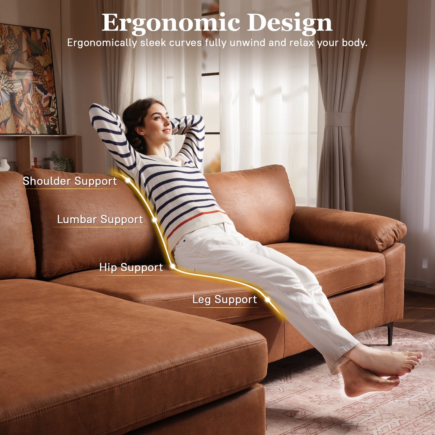OVIOS 100.40" Reversible Chaise Sofa Suede Fabric