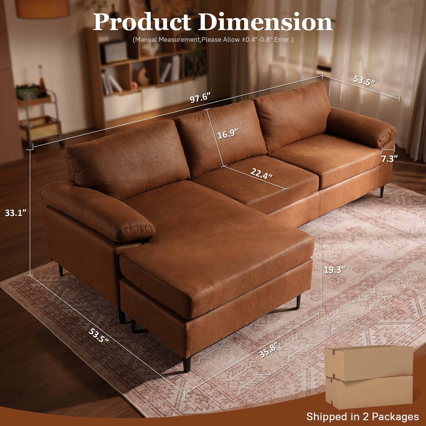 OVIOS 100.40" Reversible Chaise Sofa Suede Fabric