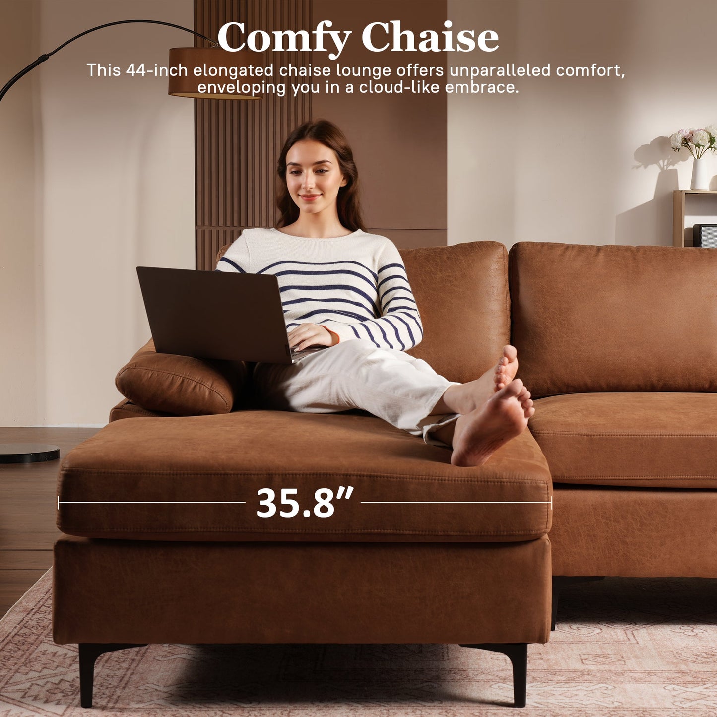 OVIOS 100.40" Reversible Chaise Sofa Suede Fabric