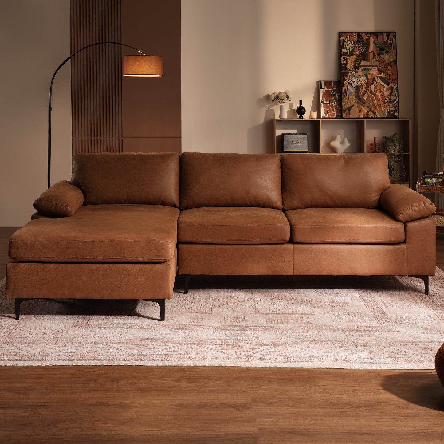 OVIOS 100.40" Reversible Chaise Sofa Suede Fabric