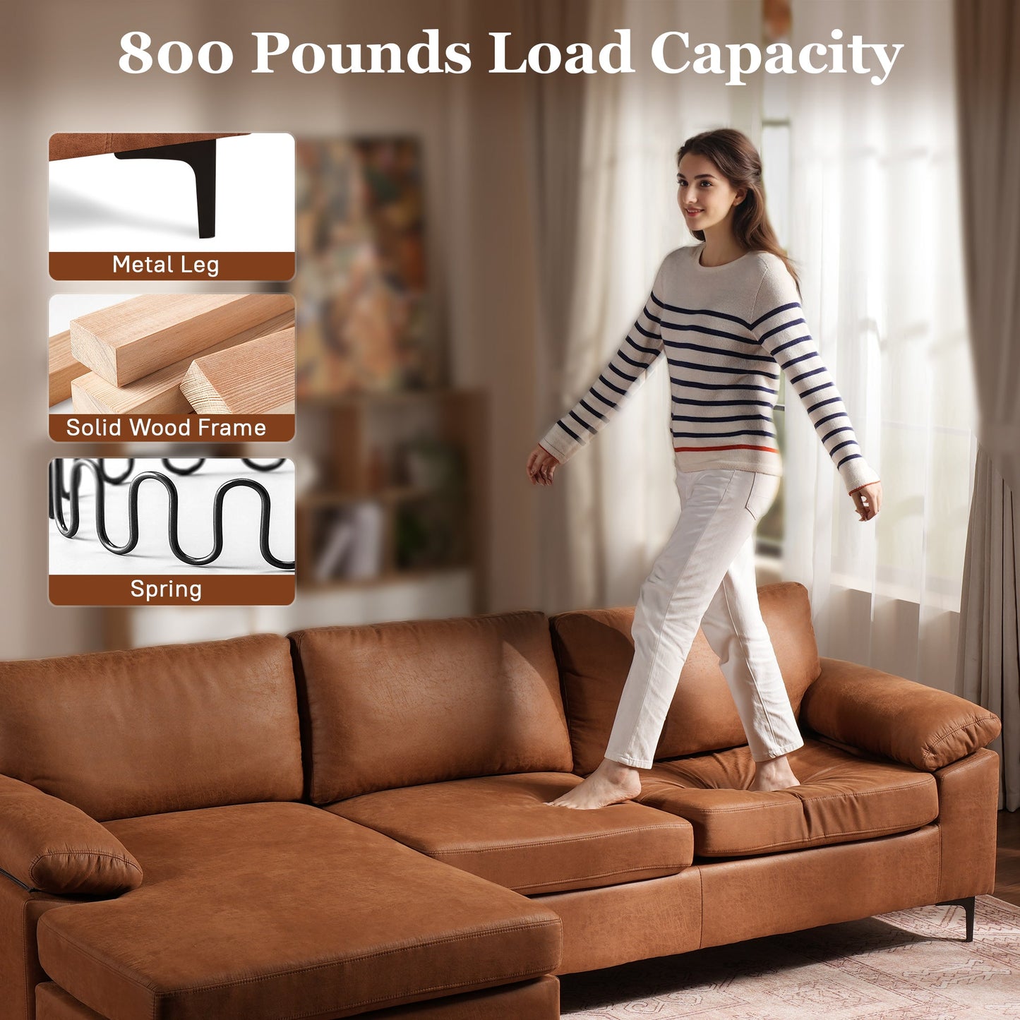 OVIOS 100.40" Reversible Chaise Sofa Suede Fabric