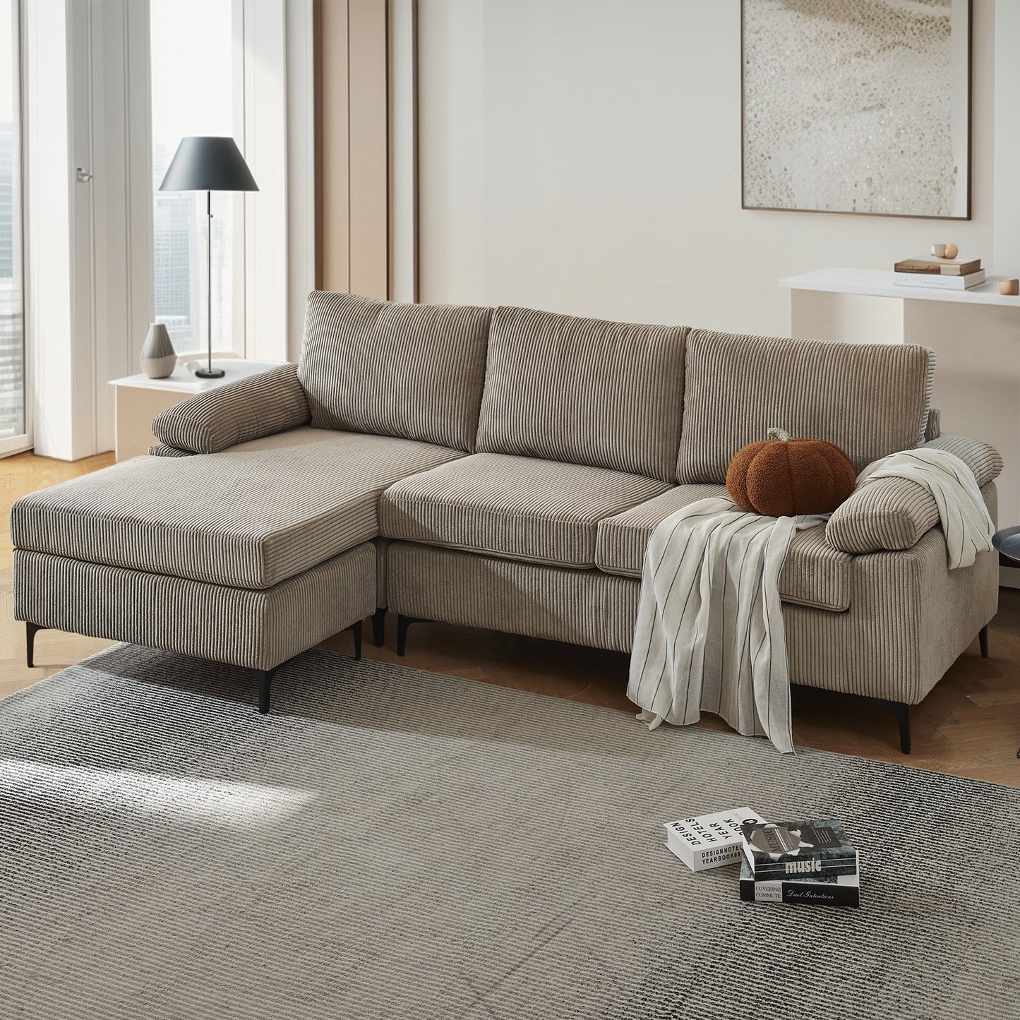 OVIOS 100.40" Reversible Chaise Sofa Wide-Wale Corduroy
