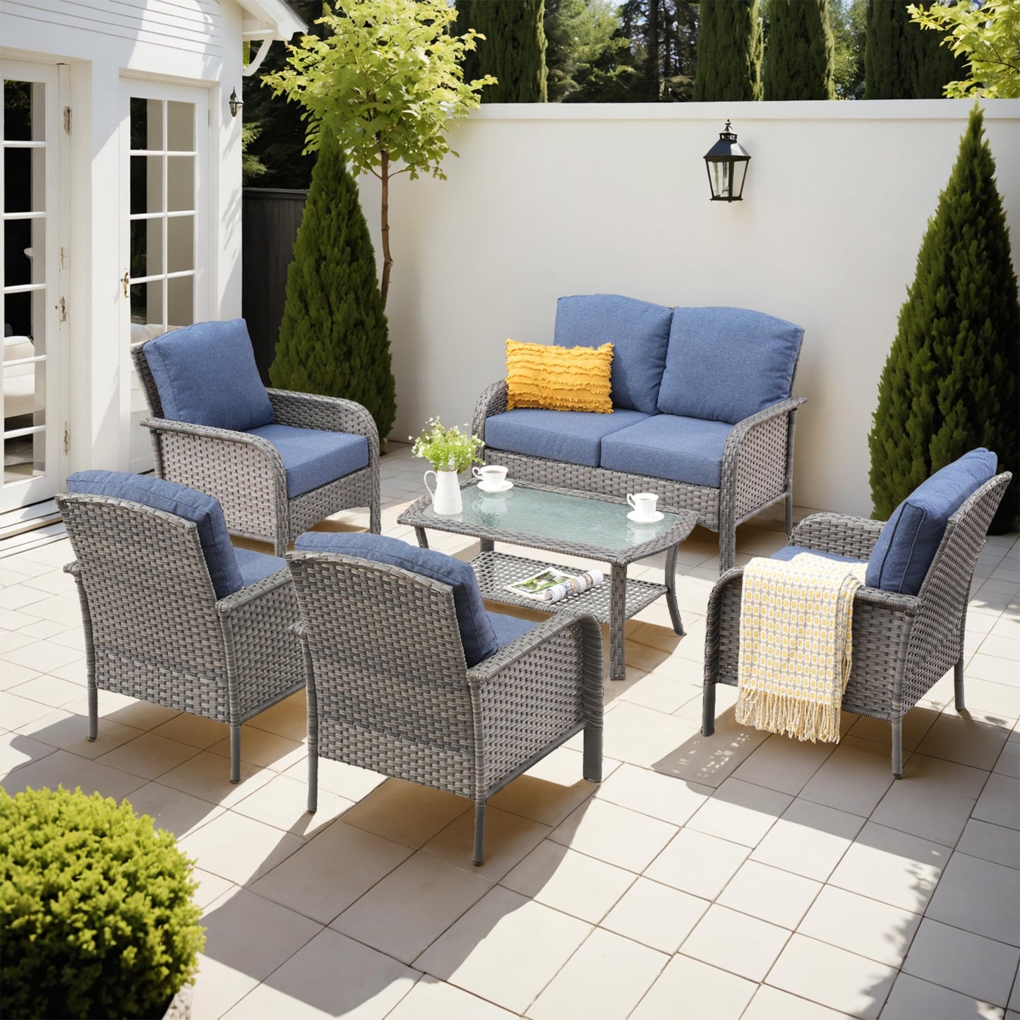 Ovios 6-Piece Wicker Patio Furniture Set, All-Weather Rattan Conversation Bistro Loveseat Chair and Table Set for Backyard