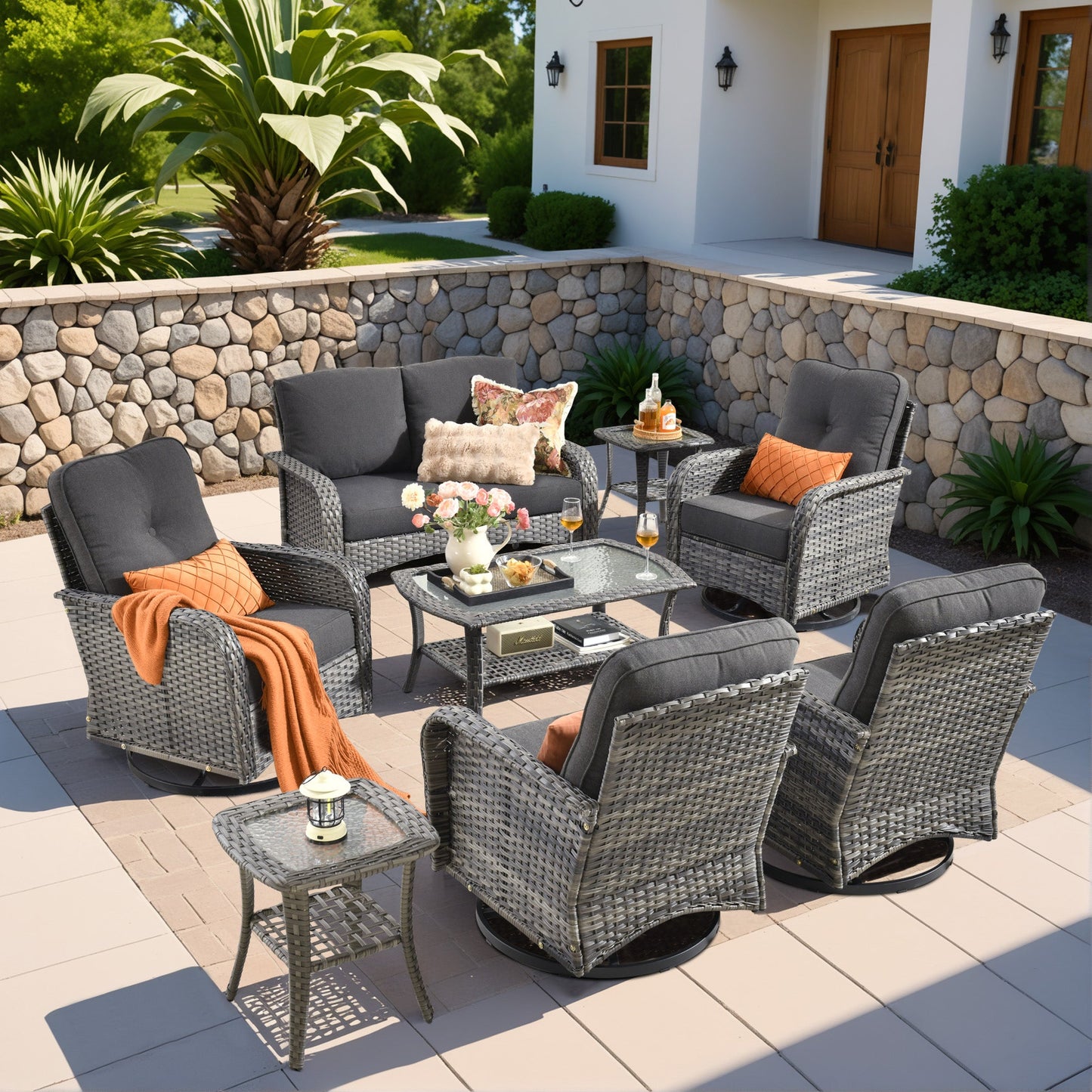 OVIOS 8 Pieces Patio Furniture Set, Outdoor Wicker Sofa with Swivel Chairs