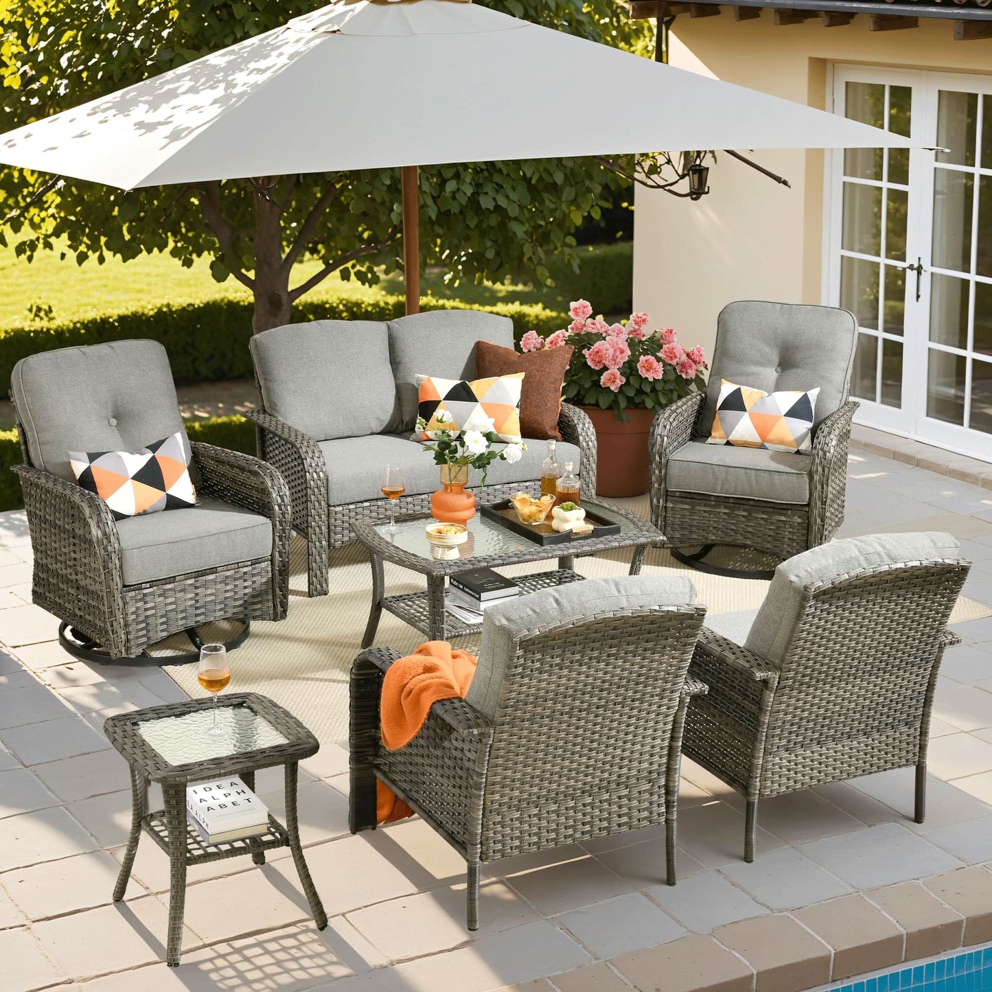 OVIOS 7 Pieces Patio Furniture Set, Outdoor Wicker Sofa with Swivel Chairs, Coffee Table